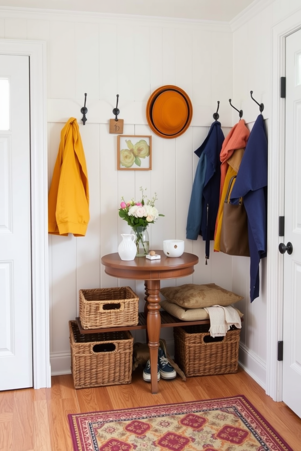 A charming mudroom designed for spring. The space features a small round table adorned with fresh flowers and decorative items, while hooks on the wall hold vibrant jackets and hats. Light-colored walls enhance the airy feel, and a patterned rug adds warmth to the floor. Baskets underneath the table provide storage for shoes and outdoor gear, creating a functional yet stylish entryway.