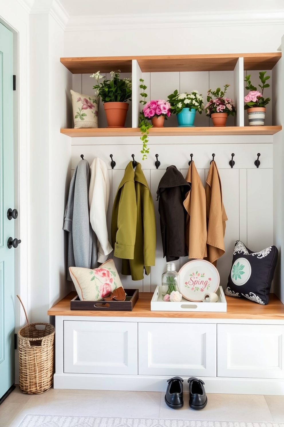 A bright and organized mudroom featuring clear bins for easy visibility. The bins are neatly arranged on open shelving, showcasing colorful labels for each category. Natural light floods the space through a large window, illuminating a bench with soft cushions. Potted plants and seasonal decor add a refreshing spring touch to the overall aesthetic.