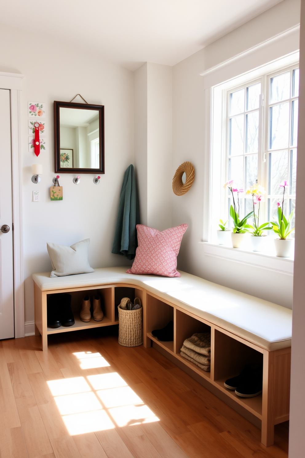 A charming mudroom featuring a small bench for seating is designed with a light and airy feel. The walls are painted in a soft pastel color, and the floor is covered with durable, weather-resistant tiles. The bench is adorned with colorful cushions, providing comfort and style. Hooks for hanging jackets and bags are mounted above the bench, creating an organized and inviting space.