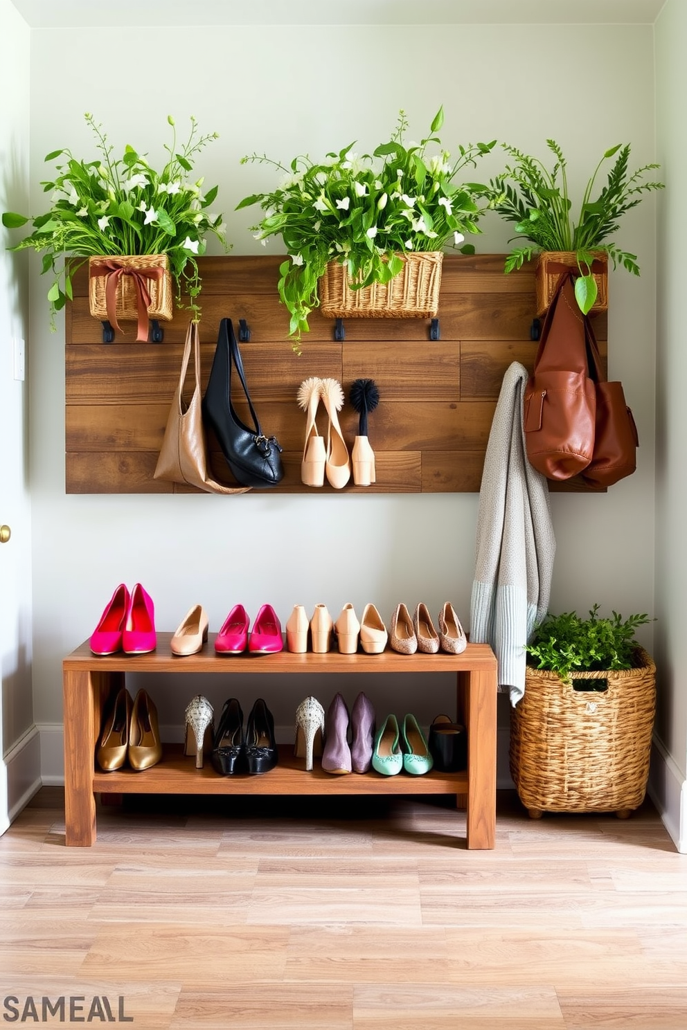 A stylish mudroom designed for spring features a chic shoe rack made of reclaimed wood, elegantly displaying a variety of colorful footwear. The walls are adorned with light pastel shades, and fresh greenery in woven baskets adds a vibrant touch to the space.