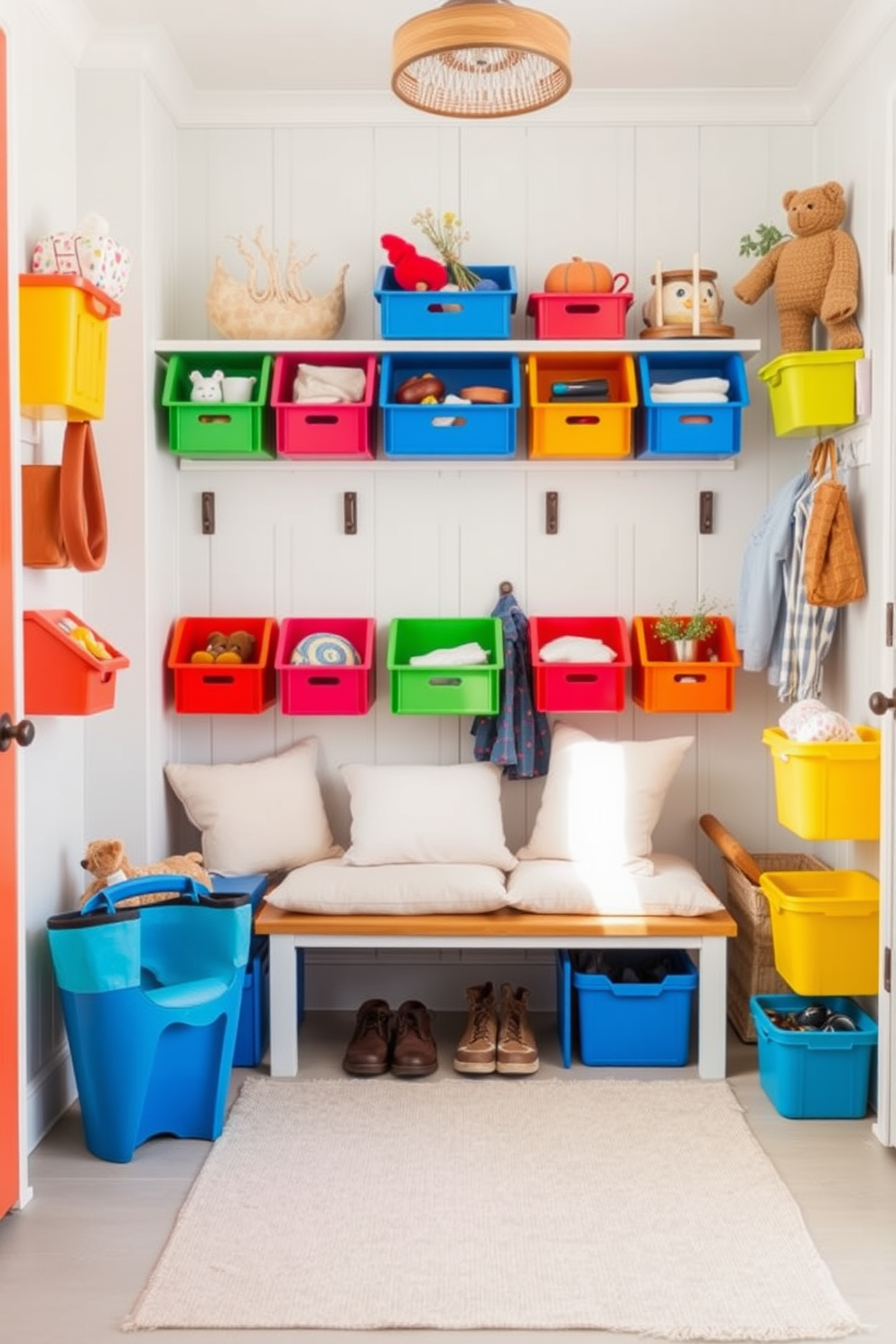 A charming mudroom adorned with a seasonal wreath on the door welcomes guests with vibrant colors and natural elements. Inside, the space features a built-in bench with storage underneath, surrounded by hooks for coats and baskets for shoes, all in a light and airy palette.