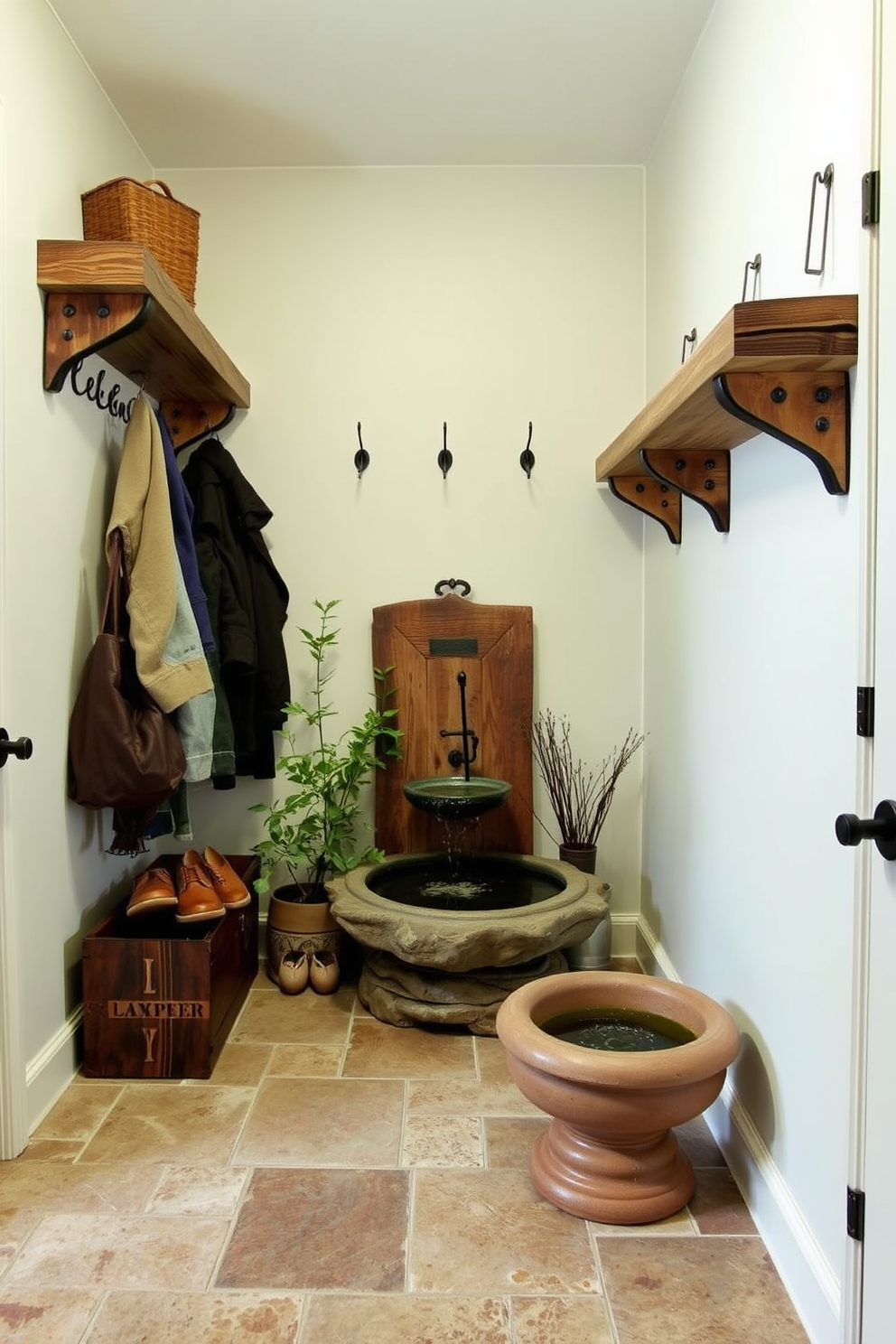 A welcoming mudroom adorned with fresh spring decor. The space features a rustic wooden bench with a soft cozy blanket draped over it, inviting relaxation and comfort. Brightly colored baskets are neatly arranged on the shelves, filled with seasonal items. A cheerful floral wreath hangs on the door, enhancing the vibrant atmosphere of the room.