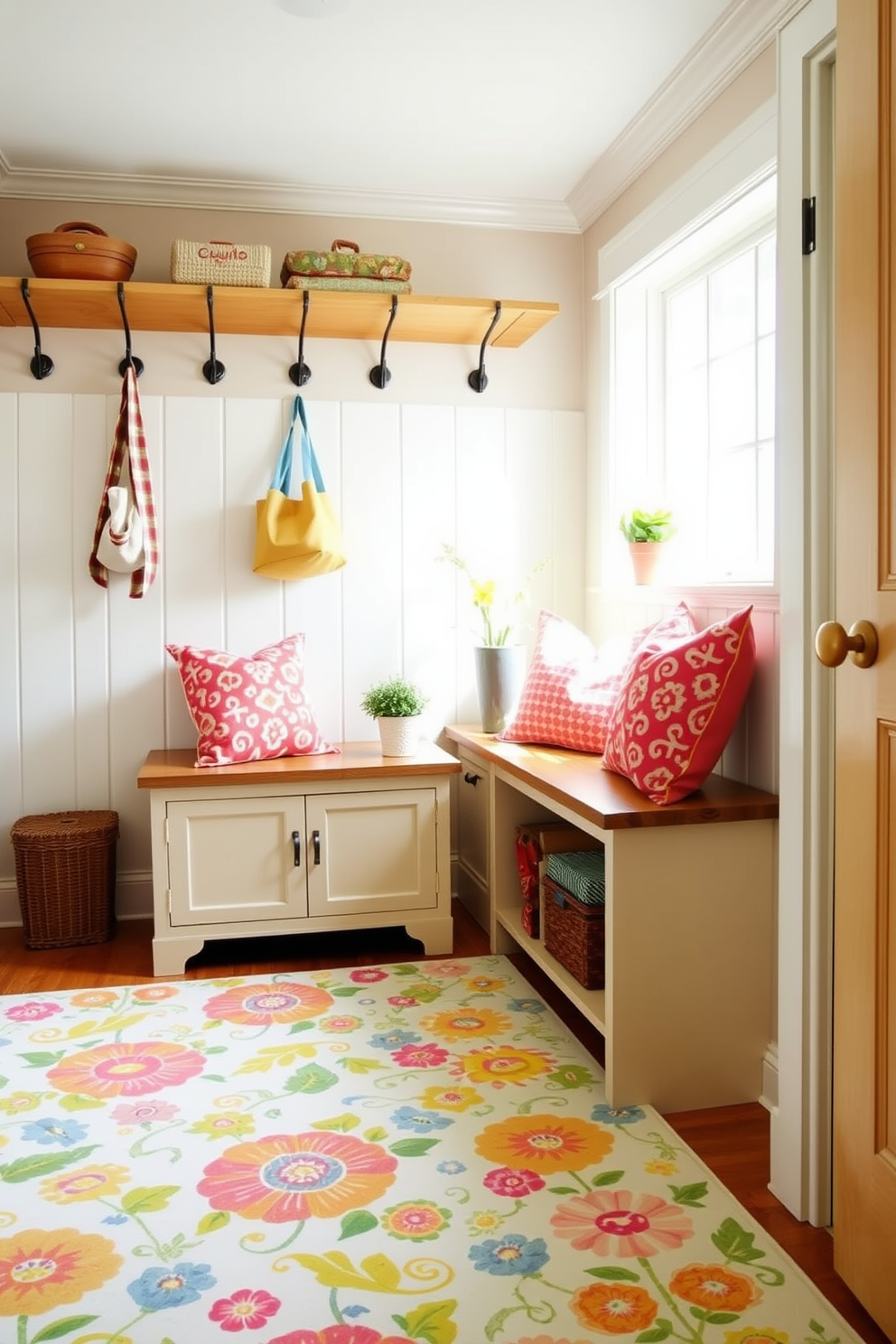 A bright and inviting mudroom features a floral patterned rug that adds a pop of color to the space. The walls are painted in a soft pastel hue, and a wooden bench with storage sits against one side, adorned with vibrant throw pillows. On the opposite wall, hooks are arranged for hanging coats and bags, while a small potted plant adds a touch of greenery. Natural light streams in through a nearby window, illuminating the cheerful decor and creating a welcoming atmosphere.