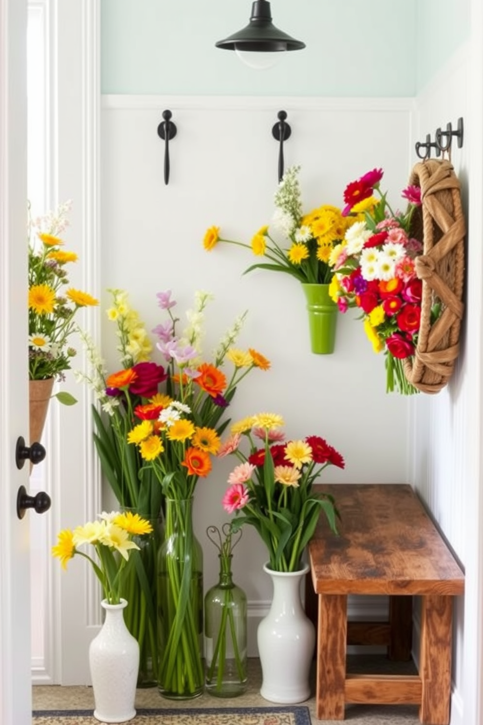 A charming mudroom adorned with a collection of vibrant spring flowers in various vases. The walls are painted in a soft pastel hue, and a rustic wooden bench is placed against one side, providing a cozy seating area.