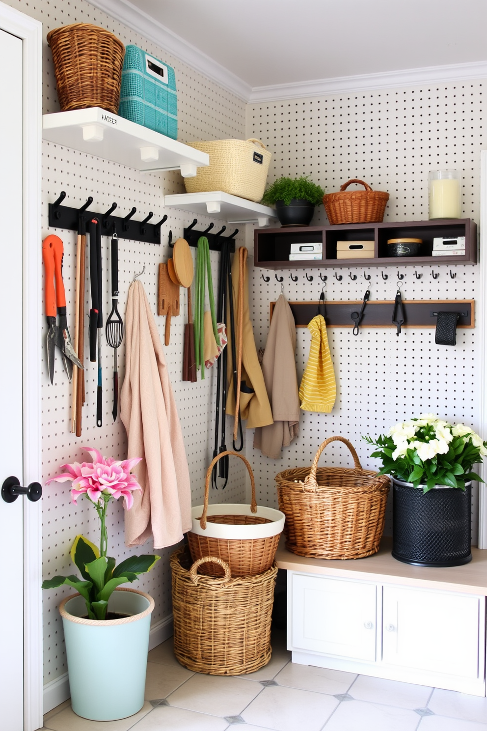 A bright and inviting mudroom features a pegboard wall adorned with various hooks and shelves for organizing tools and outdoor gear. The space is decorated with cheerful spring accents such as pastel-colored baskets and fresh flowers, creating a welcoming atmosphere for guests.