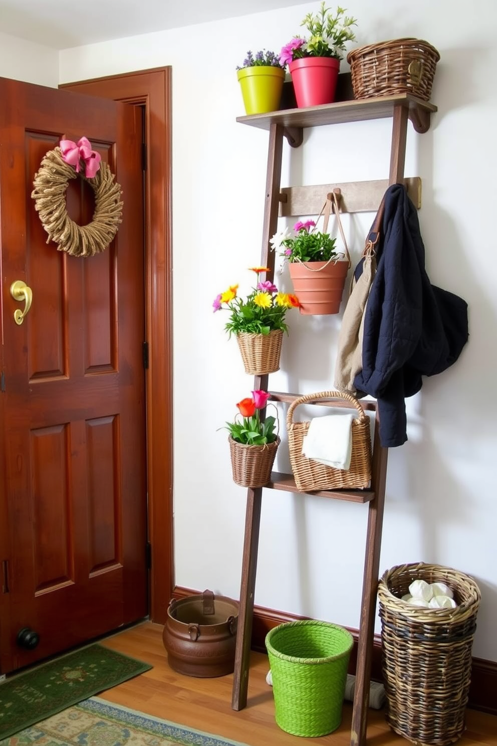 Create a welcoming mudroom that features a sturdy bench with built-in storage underneath. The walls are adorned with a collection of family photos in various sizes, creating a personalized gallery that adds warmth and character to the space. Incorporate bright colors and floral patterns to evoke a fresh spring vibe. Add decorative hooks for coats and bags, and include potted plants to bring an element of nature indoors.