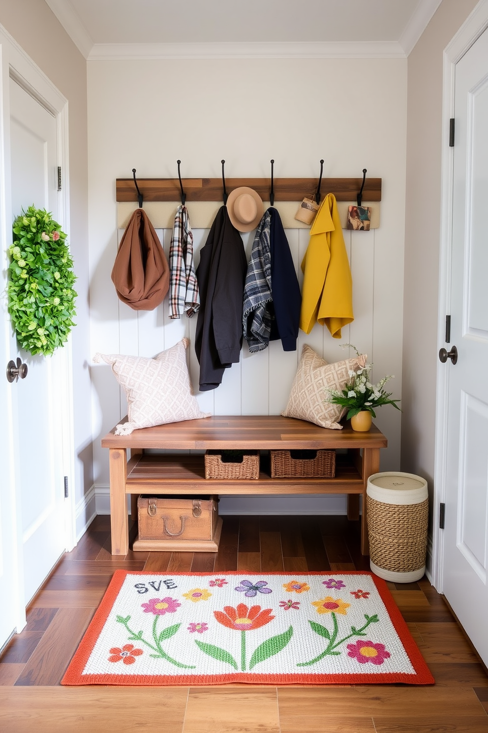 A bright and inviting mudroom features a stylish shoe rack made of natural wood, providing ample storage for footwear and keeping the space organized. The walls are painted in a soft pastel hue, and a cheerful spring-themed wreath adorns the door, welcoming guests into the home. Floral-patterned cushions are placed on a wooden bench, offering a comfortable spot to sit while putting on shoes. Potted plants in vibrant colors are arranged on the windowsill, adding a fresh touch and enhancing the spring ambiance.