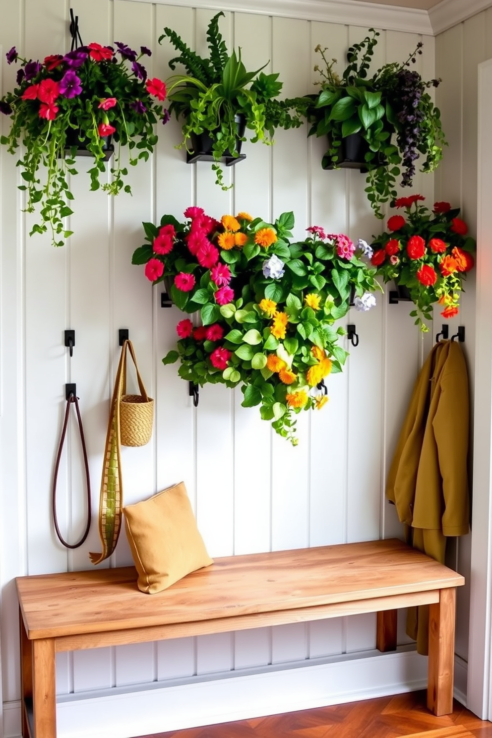 A bright and inviting mudroom features wall-mounted planters filled with vibrant greenery and colorful flowers. The space is adorned with a rustic wooden bench and hooks for hanging coats, creating a functional yet stylish entryway.