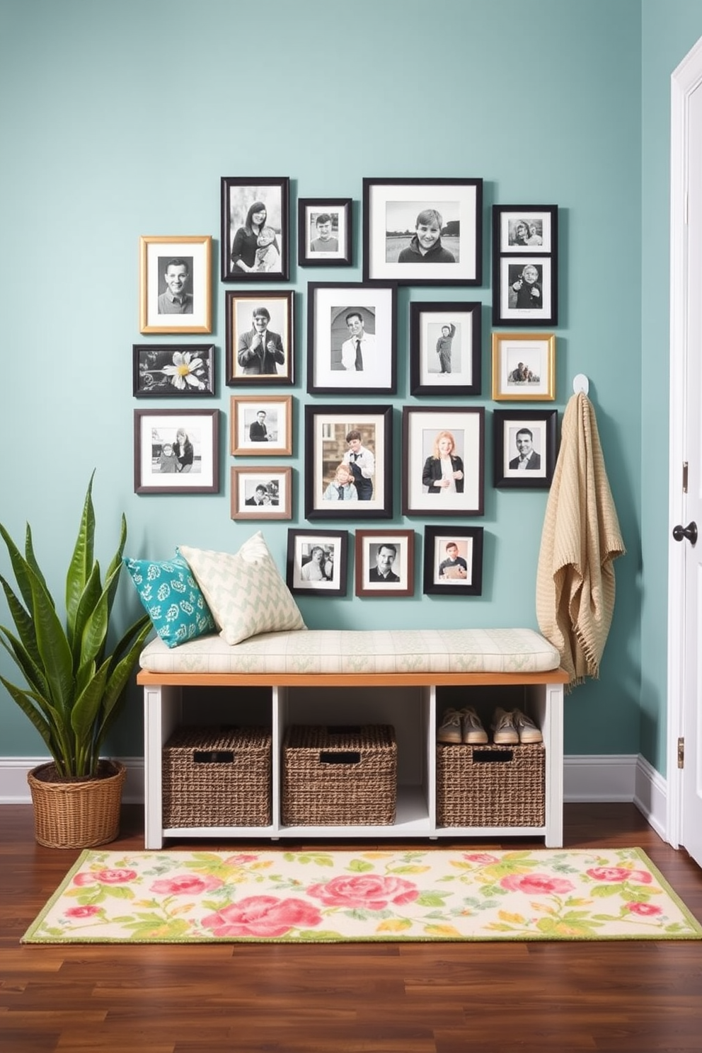 Create a family photo gallery that showcases a mix of framed photographs in various sizes arranged in a cohesive layout on a feature wall. The gallery should include black and white images as well as colorful shots, with some frames featuring decorative elements like matting or embellishments. Design a spring mudroom that incorporates bright colors and floral patterns to evoke a fresh and inviting atmosphere. Include functional elements like a bench with storage, hooks for coats, and a cheerful rug that complements the seasonal theme.