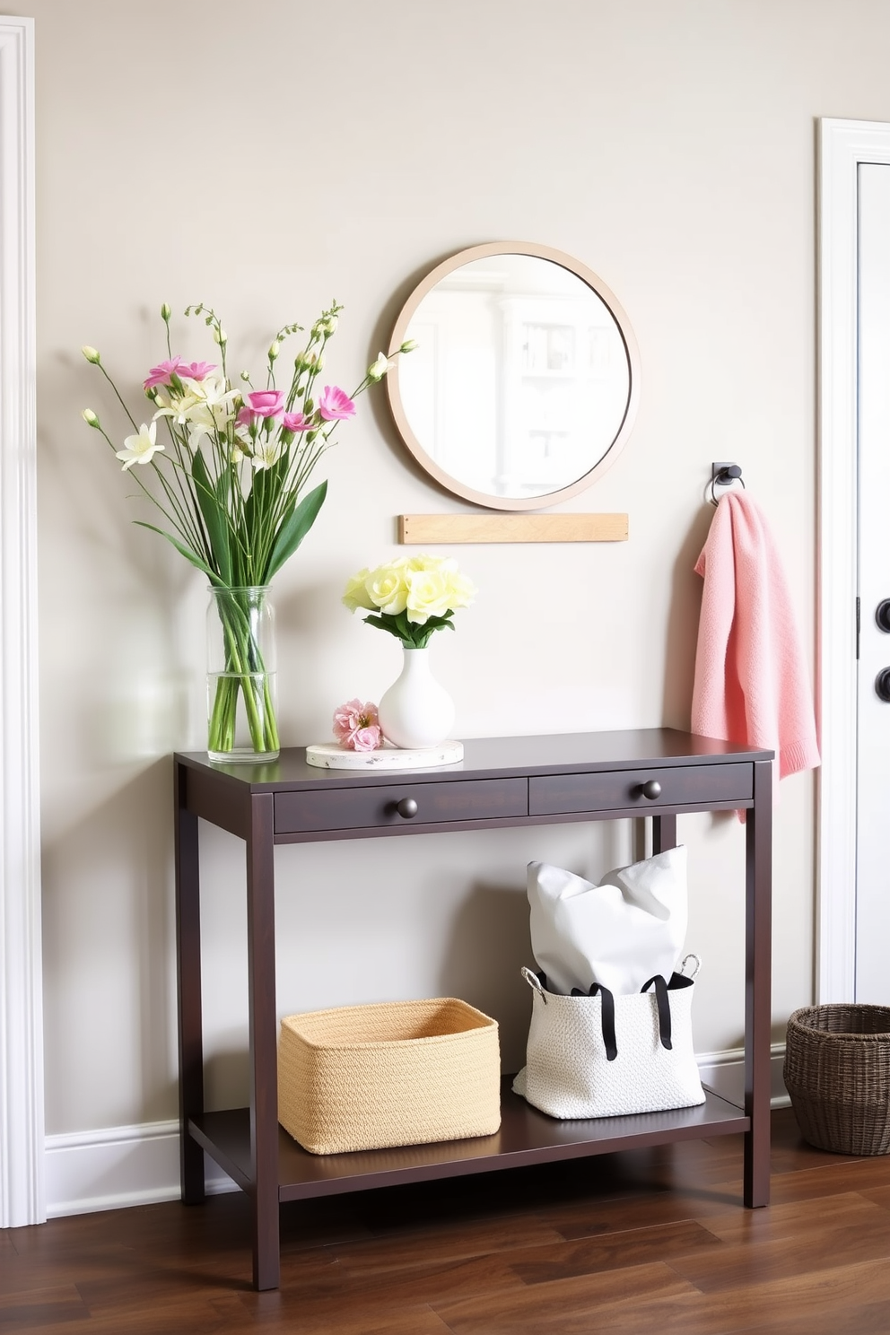 A stylish mudroom features a sleek console table positioned against the wall, perfect for holding keys and other essentials. The space is adorned with cheerful spring decor, including pastel-colored accents and fresh flowers in a vase.