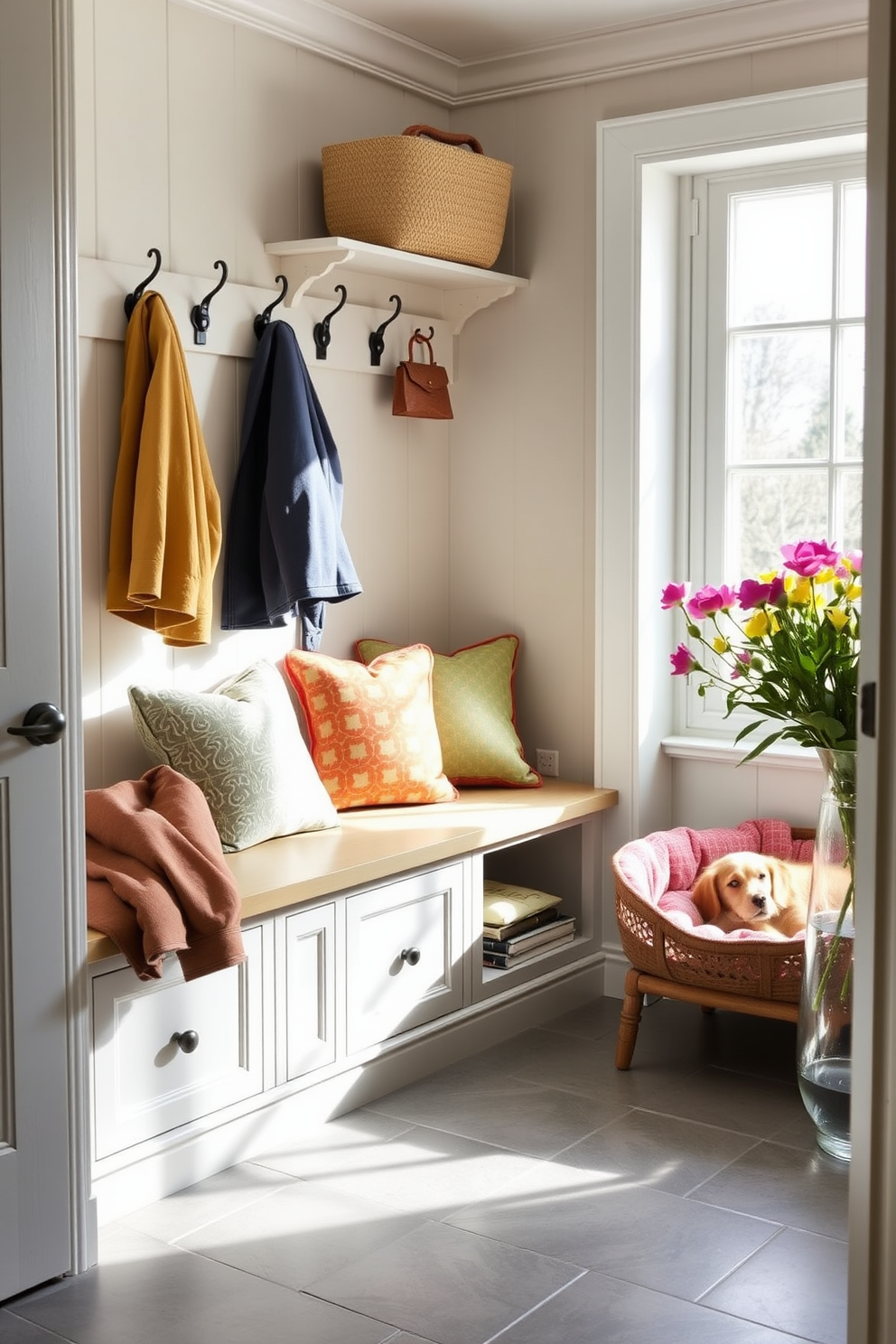 A cheerful mudroom with a bright and airy atmosphere. There are hooks on the wall for coats and a bench with storage underneath, adorned with colorful cushions. To the side, a cozy pet bed is placed, inviting comfort for furry friends. The floor features durable tiles in a light gray hue, and a vase of fresh flowers adds a touch of spring vibrancy.