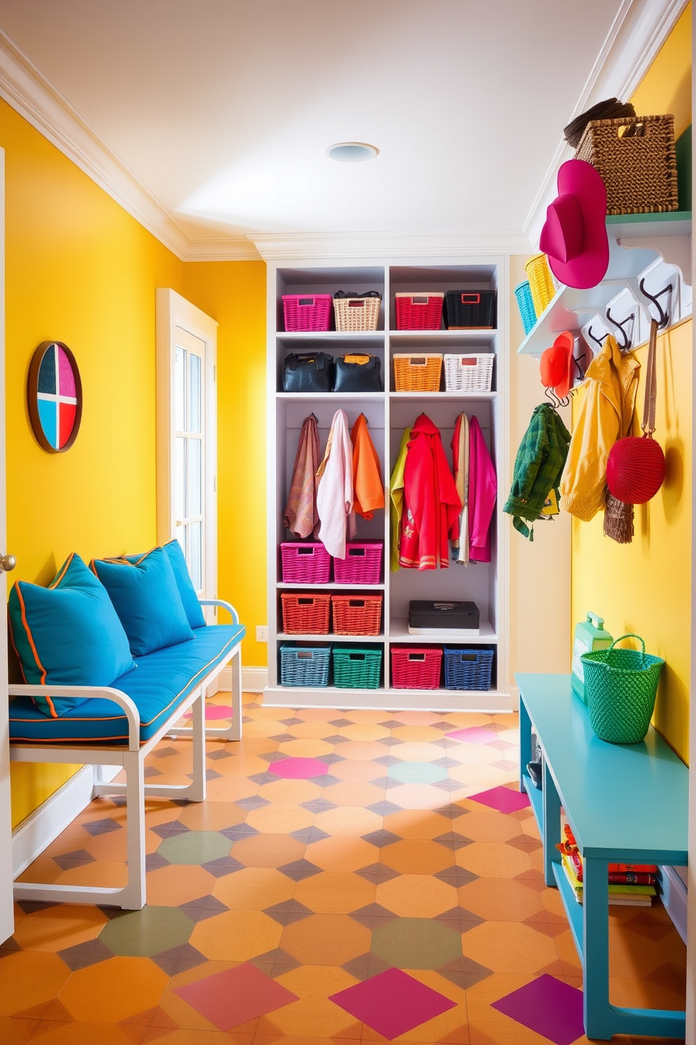 A vibrant mudroom filled with playful colors and cheerful decor. The walls are painted a bright pastel yellow, and the floor features a colorful geometric tile pattern. A stylish bench with bright blue cushions sits against one wall, complemented by a set of open shelves displaying colorful baskets. Hooks for coats and hats are arranged in a rainbow of colors, creating an inviting and lively atmosphere.