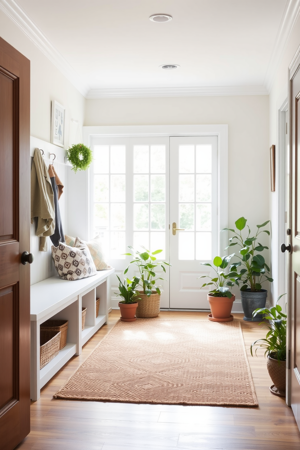 A welcoming mudroom filled with natural light. The walls are painted in a soft pastel hue, and a bench with built-in storage sits against one side. On the floor, a textured area rug adds warmth and comfort. Potted plants in varying sizes are strategically placed to bring a touch of freshness to the space.