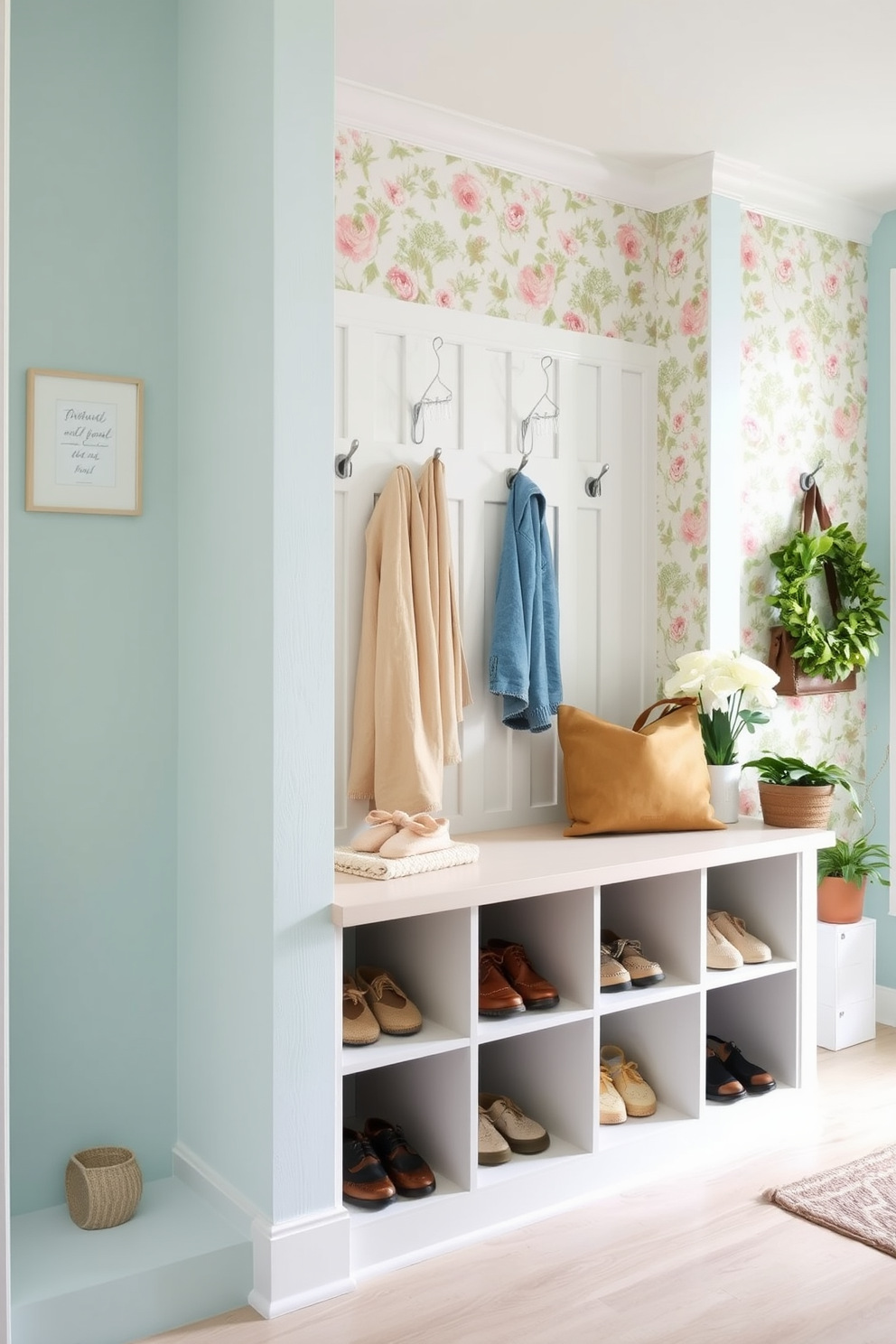 A cheerful mudroom adorned with vibrant colors that evoke the spirit of spring. The walls are painted in a lively pastel hue, complemented by a bright yellow bench and colorful storage baskets. An array of potted plants adds a touch of greenery, while a patterned rug in shades of pink and blue brings warmth to the space. Hooks for coats and bags are arranged in a playful manner, enhancing the welcoming atmosphere of this functional area.