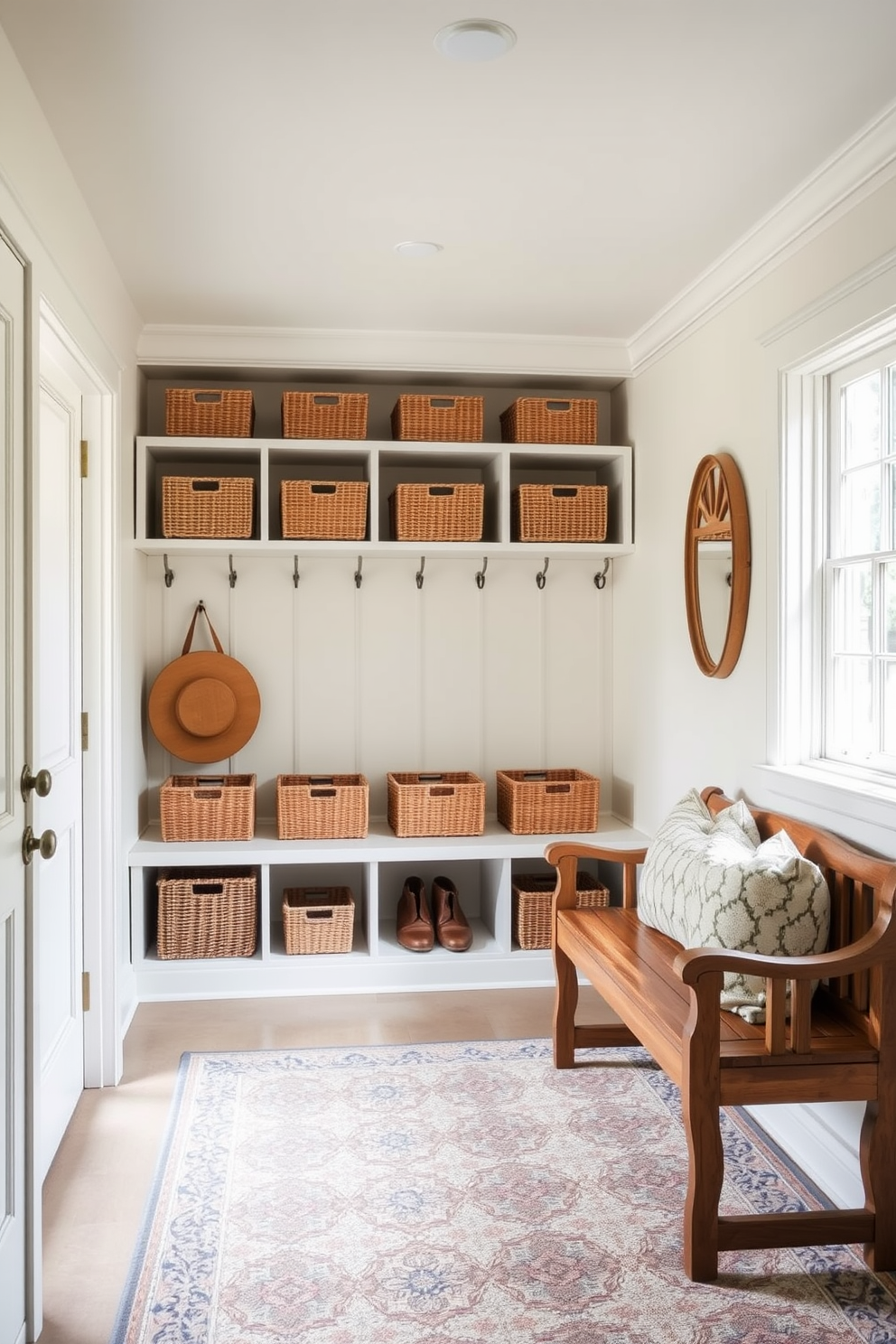 A charming mudroom filled with natural light. The walls are painted in a soft pastel hue, and the floor is covered with a durable, patterned rug. Woven baskets are neatly arranged on open shelves for stylish storage. A wooden bench with plush cushions invites guests to sit while removing their shoes.