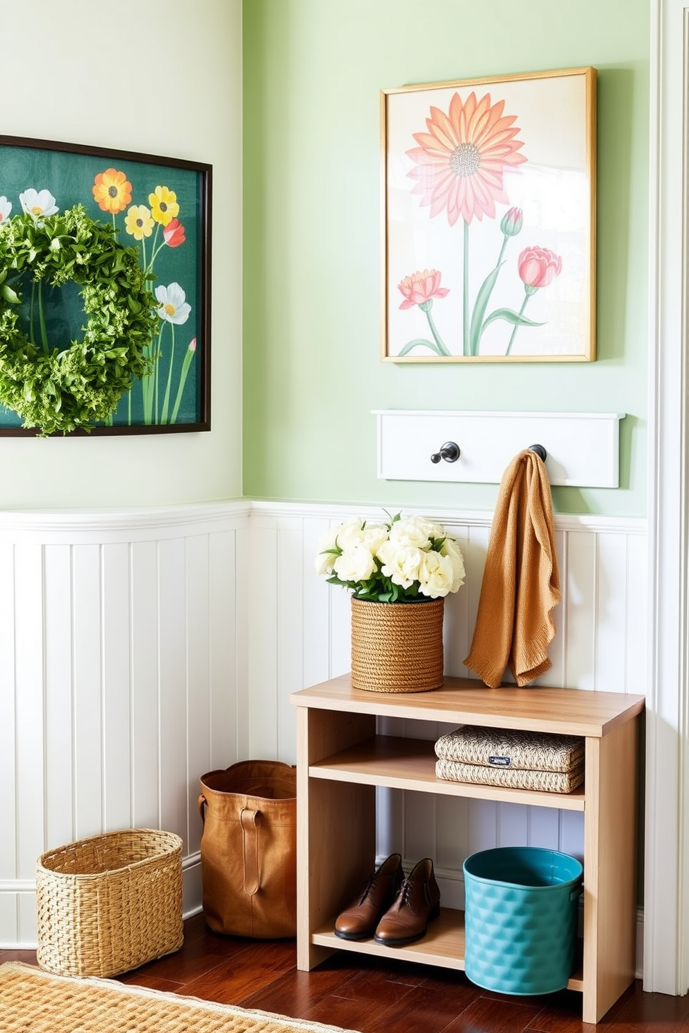 A bright and inviting mudroom features a selection of brightly colored area rugs that add warmth and vibrancy to the space. The walls are painted in a soft pastel hue, and the flooring is a durable wood that complements the cheerful rugs. Decorative hooks are mounted on the walls for hanging coats and bags, while a bench with colorful cushions provides a comfortable spot to sit. Potted plants and seasonal decor elements enhance the welcoming atmosphere of this spring-inspired mudroom.