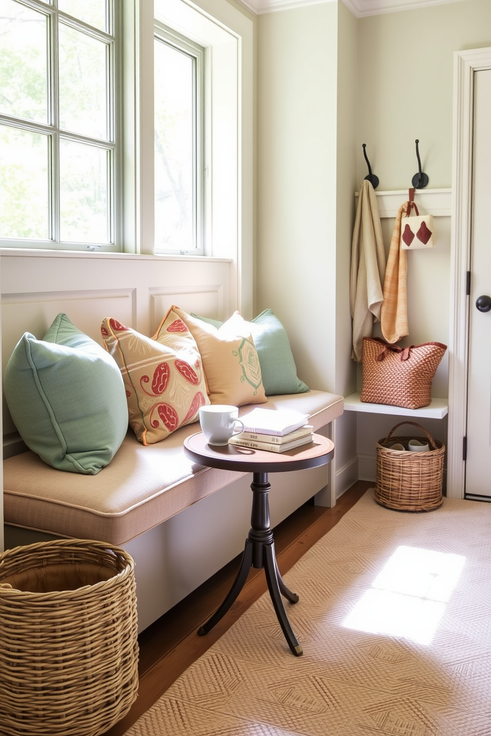 Create a cozy seating nook with a plush upholstered bench adorned with colorful throw pillows. A small round side table holds a steaming cup of tea and a stack of books, while a large window allows natural light to flood the space. Incorporate Spring Mudroom Decorating Ideas by adding a cheerful pastel color palette featuring soft yellows and light greens. Hang decorative hooks for coats and bags, and place a woven basket for shoes to keep the area tidy and inviting.