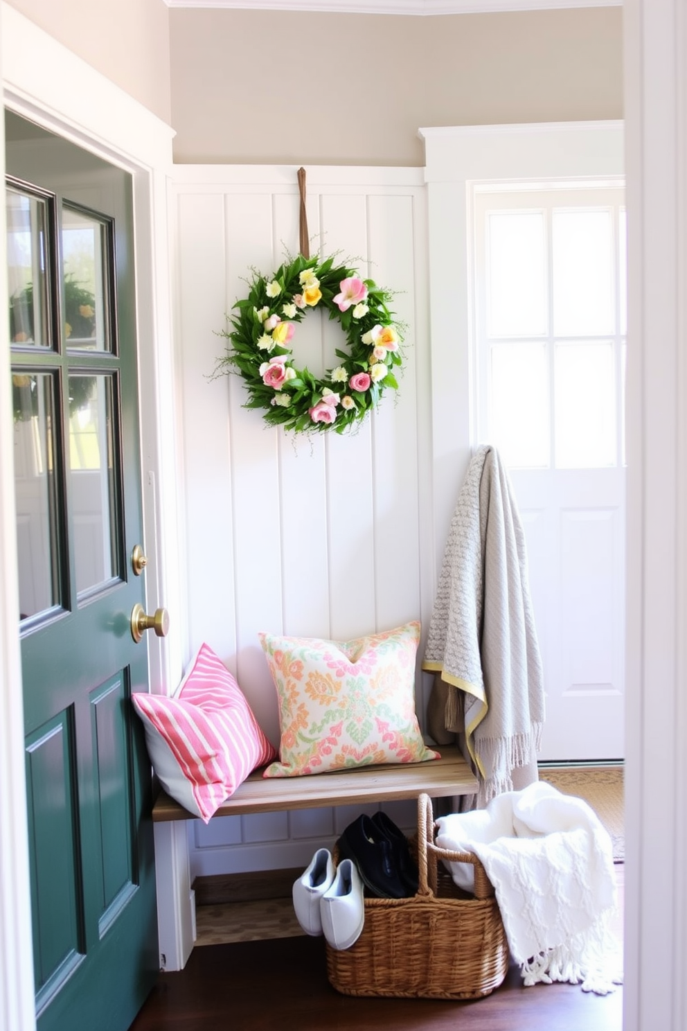 A charming mudroom adorned with a spring-themed wreath hanging on the door. The space features a rustic bench with colorful throw pillows and a basket for storing shoes, creating an inviting atmosphere.