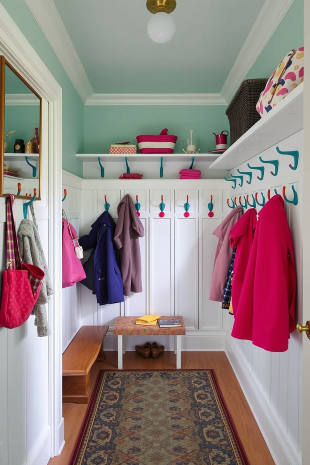 A vibrant mudroom filled with colorful hooks for coats. The walls are painted in a bright pastel hue, and a patterned rug adds warmth to the space.