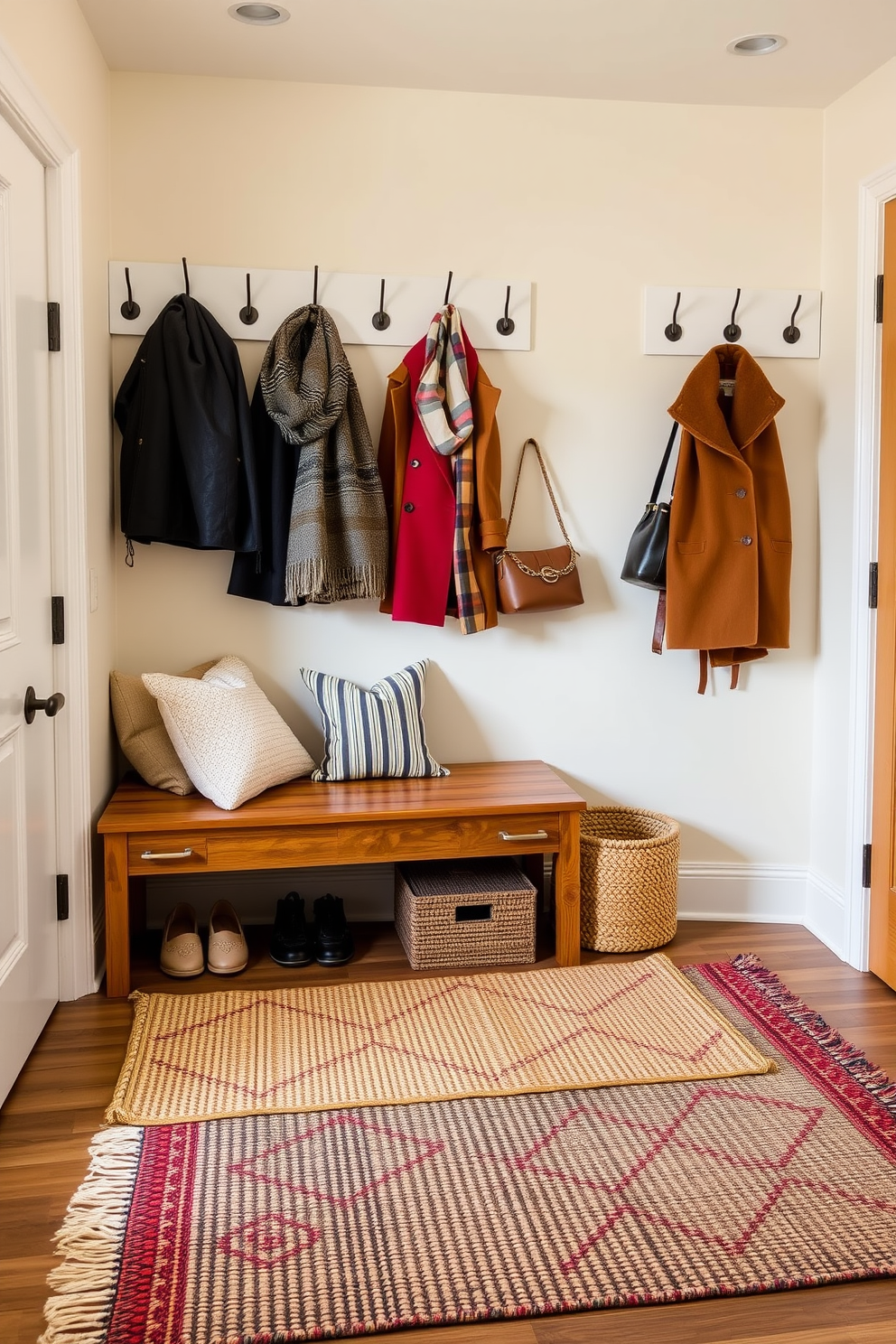 A cozy mudroom with layered rugs in varying textures and colors. The walls are painted a soft pastel shade, and a wooden bench is positioned against one side, adorned with plush cushions. On the floor, a large jute rug anchors the space, while a smaller patterned rug adds a pop of color. Hooks line the wall above the bench, displaying stylish coats and accessories for a welcoming touch.