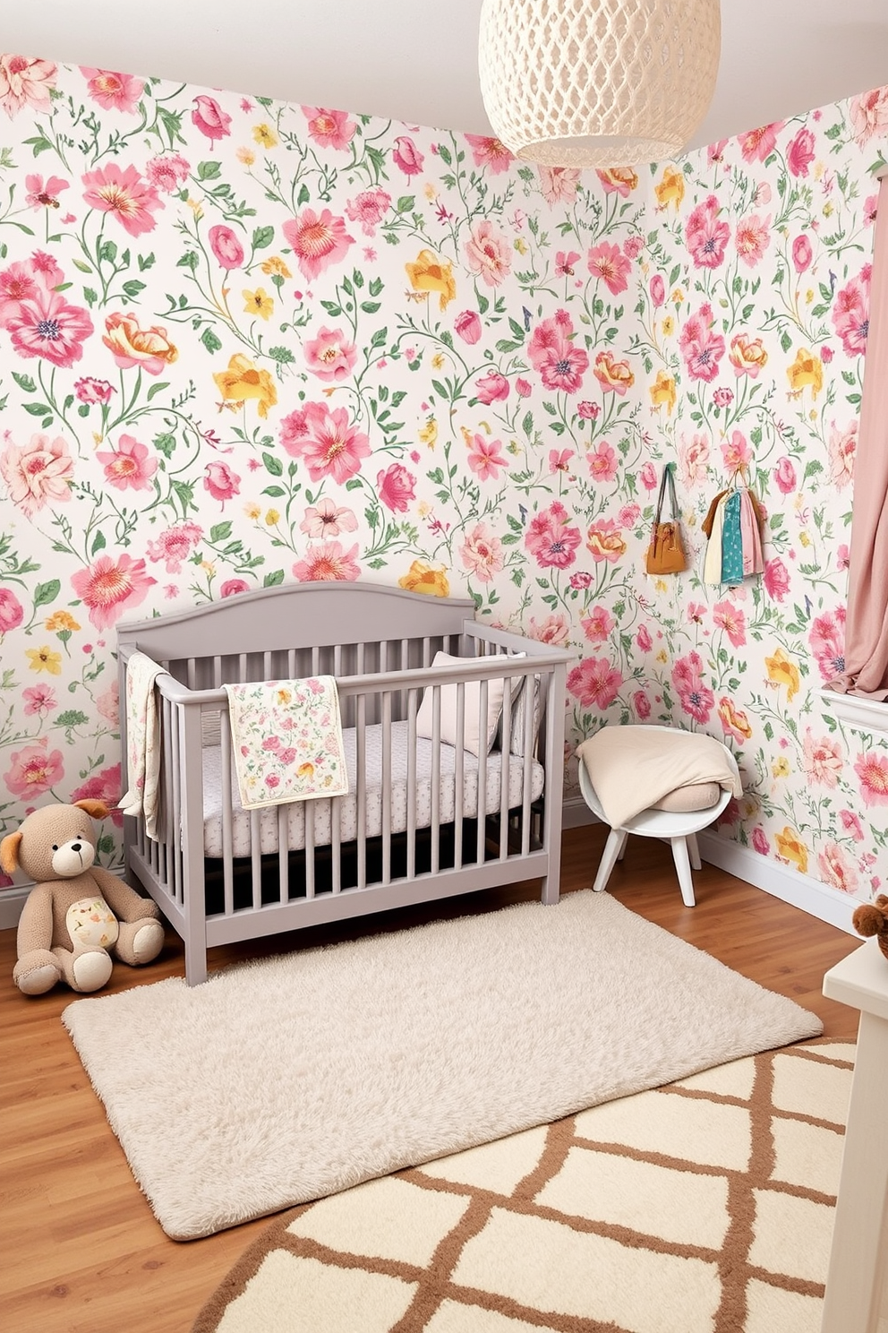 Floral wallpaper adorns the walls of a cheerful nursery, featuring a mix of pastel colors and whimsical patterns that create a lively atmosphere. A cozy crib is placed against one wall, surrounded by plush toys and a soft, patterned rug that adds warmth to the space.