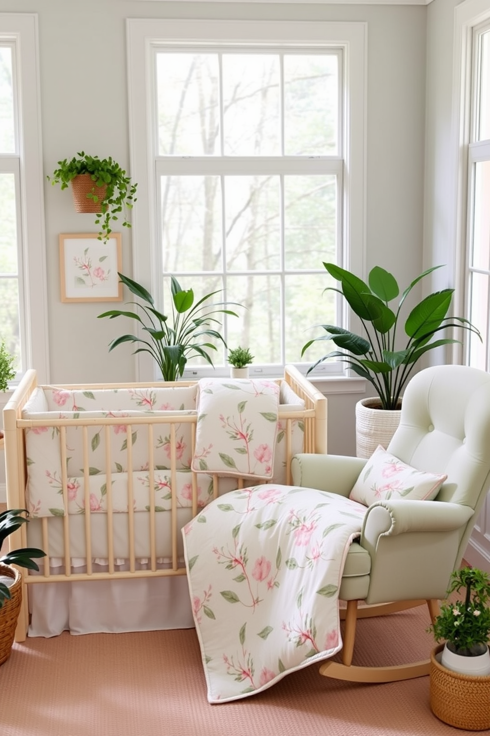 A serene nursery setting filled with nature-inspired bedding sets. The crib is adorned with soft pastel colors featuring floral and leaf patterns, creating a calming atmosphere for the baby. Next to the crib, a cozy rocking chair upholstered in a light green fabric complements the bedding. Large windows allow natural light to flood the room, and potted plants add a touch of freshness to the decor.