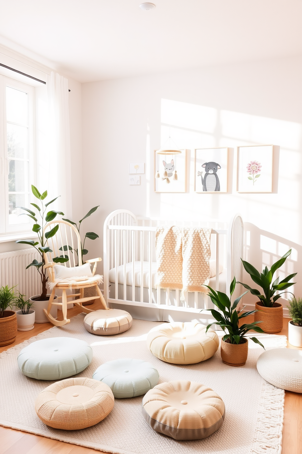 A cozy reading nook corner filled with soft cushions and a plush throw blanket. A tall bookshelf lined with colorful children's books stands against the wall, while a small round table holds a whimsical lamp and a cup of tea. Spring nursery decorating ideas featuring pastel colors and floral patterns. A crib draped in a light canopy sits in the center, surrounded by cheerful wall art and a soft area rug.