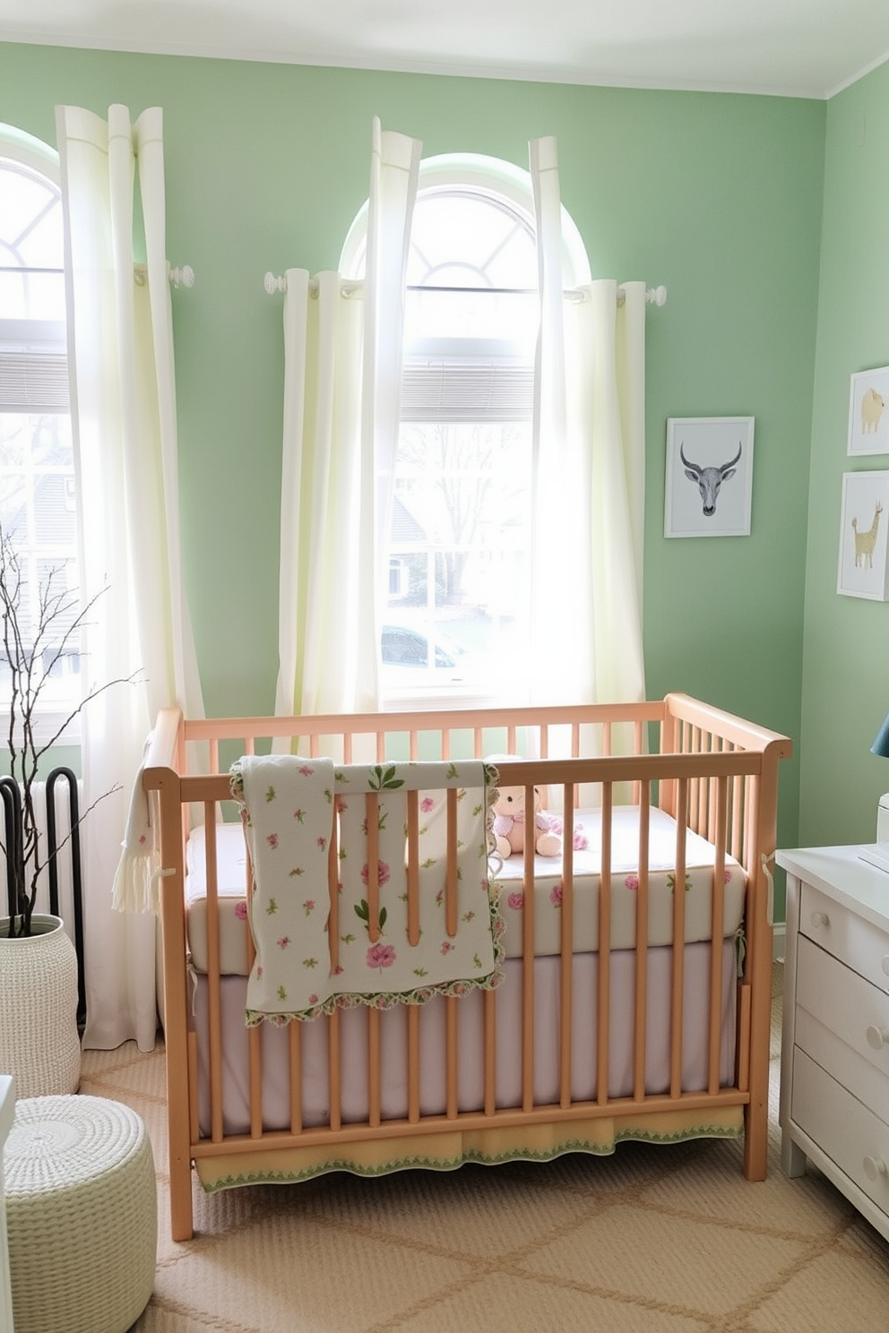 A serene spring nursery filled with soft pastel colors. Light curtains gently drape over the windows, allowing natural light to fill the room and create an airy atmosphere. A cozy crib is adorned with a floral-patterned blanket and plush toys. The walls are painted in a soothing mint green, complemented by whimsical wall art featuring animals and nature themes.