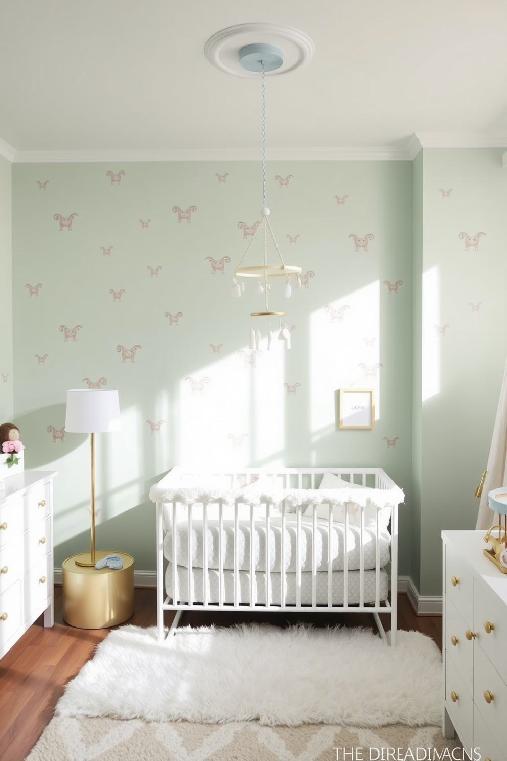 A charming nursery filled with soft pastel colors and vintage floral accessories. The walls are adorned with delicate floral wallpaper, and a cozy rocking chair sits in the corner, draped with a knitted blanket. A vintage wooden crib is centered in the room, surrounded by plush toys and a floral mobile hanging above. The windows are dressed with sheer curtains that let in gentle sunlight, enhancing the serene atmosphere.