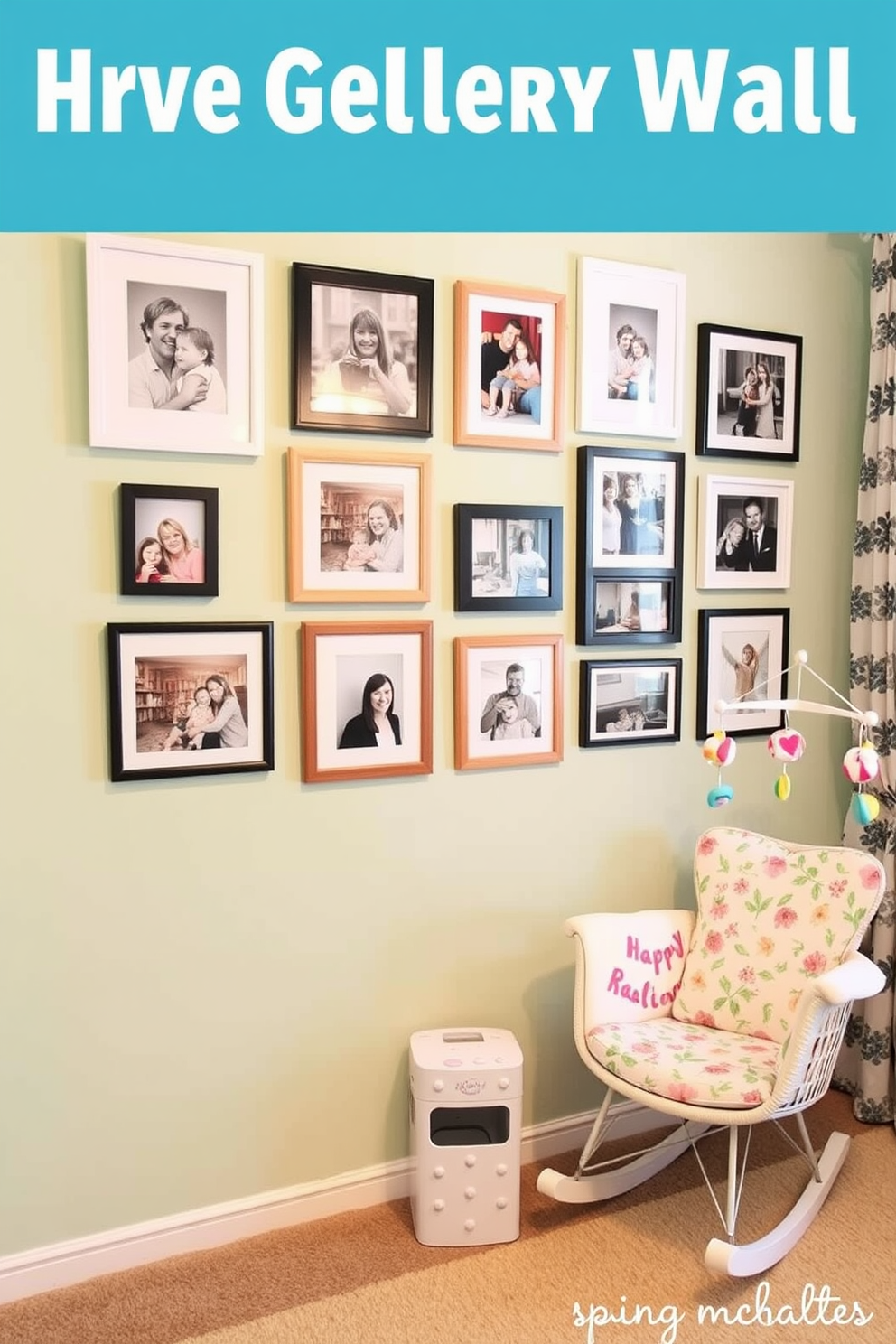 Create a gallery wall featuring a collection of family photos in various frames. The arrangement should include a mix of black and white images alongside colorful snapshots, creating a warm and inviting atmosphere. Design a spring nursery that incorporates soft pastel colors and floral patterns. Include elements such as a cozy rocking chair, a whimsical mobile, and playful storage solutions to keep the space organized and cheerful.