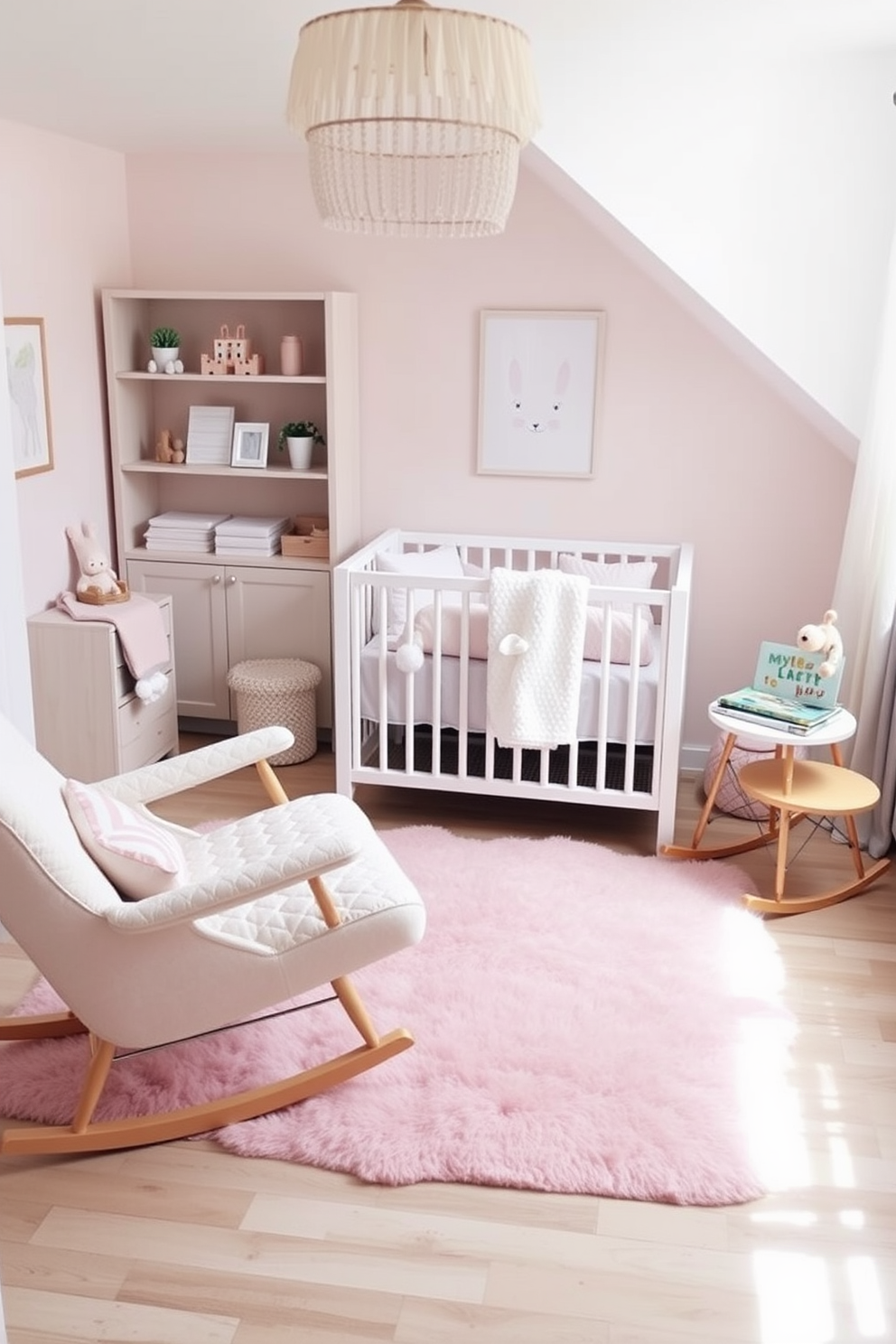 A cozy nursery filled with soft pastel colors and natural light. The focal point is a comfortable crib adorned with plush bedding and surrounded by whimsical wall art. A soft area rug in a gentle hue covers the floor, providing a warm and inviting space for play. A rocking chair sits in the corner, complemented by a small side table holding a stack of children's books.