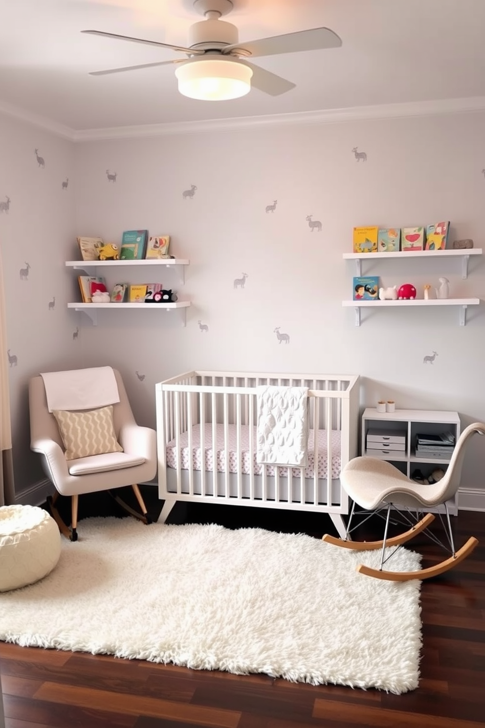 A serene nursery setting featuring gender-neutral decor with soft pastel colors. The walls are painted in a light gray shade, adorned with whimsical animal prints in muted tones. A cozy crib sits in the center, surrounded by a plush area rug and a comfortable rocking chair. Shelves filled with colorful books and toys are neatly arranged, creating a playful yet calming atmosphere.