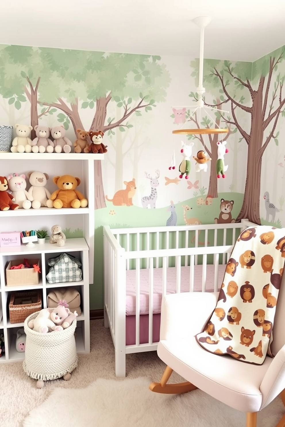 Floral decals in soft pastel colors adorn the walls of a cozy nursery, creating a cheerful and inviting atmosphere. The decals feature a variety of flowers and leaves, adding a touch of nature to the space while complementing the gentle color palette. A comfortable crib is placed against one wall, surrounded by plush toys and a soft area rug. The overall design is bright and airy, perfect for a spring-themed nursery that promotes relaxation and joy.