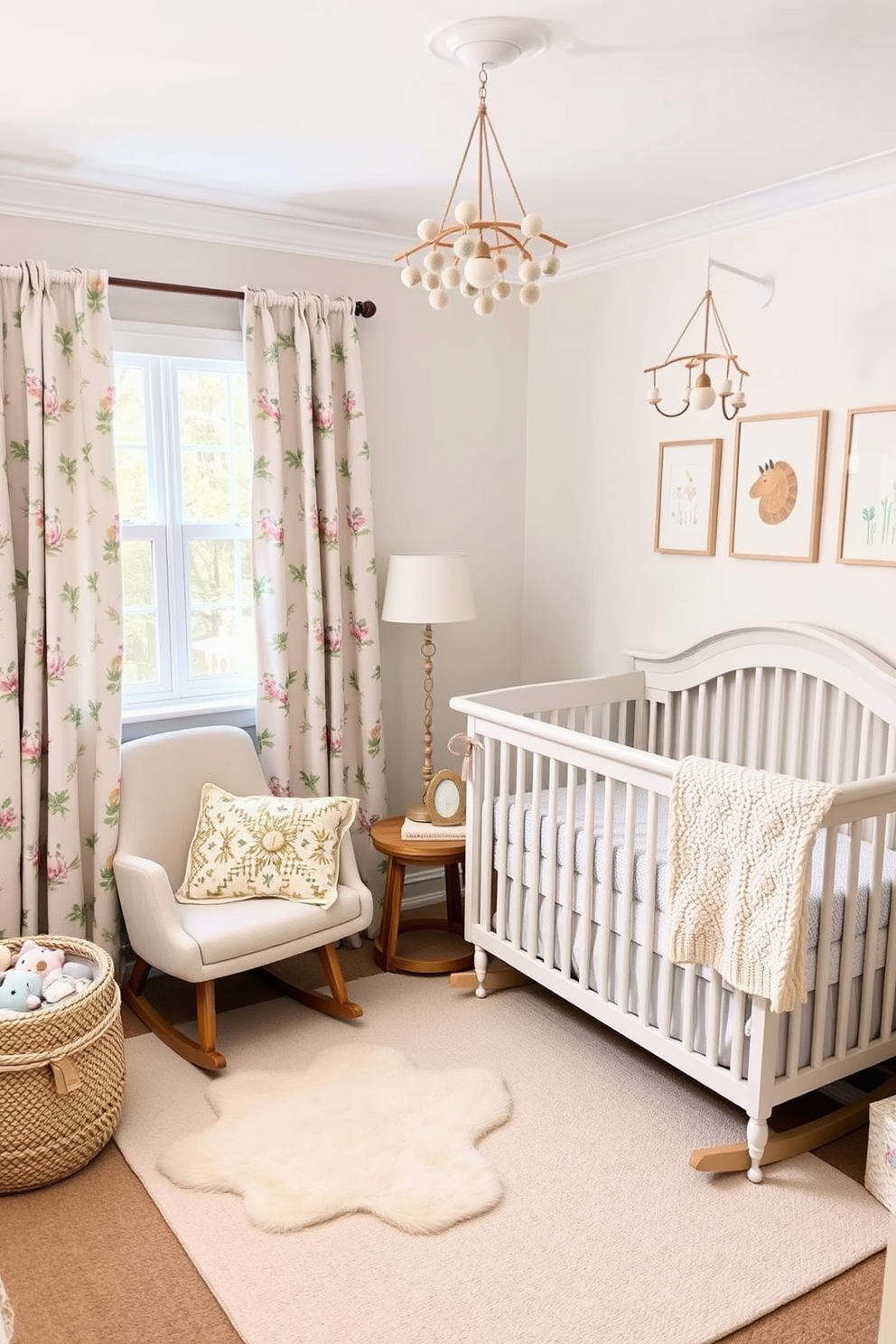 A charming nursery designed for spring. The room features soft pastel colors with a mix of floral and geometric patterns on the bedding and curtains. A cozy rocking chair with a knitted throw is placed in one corner, accompanied by a small side table made of natural wood. The walls are adorned with playful wall art and a whimsical mobile hangs above the crib.