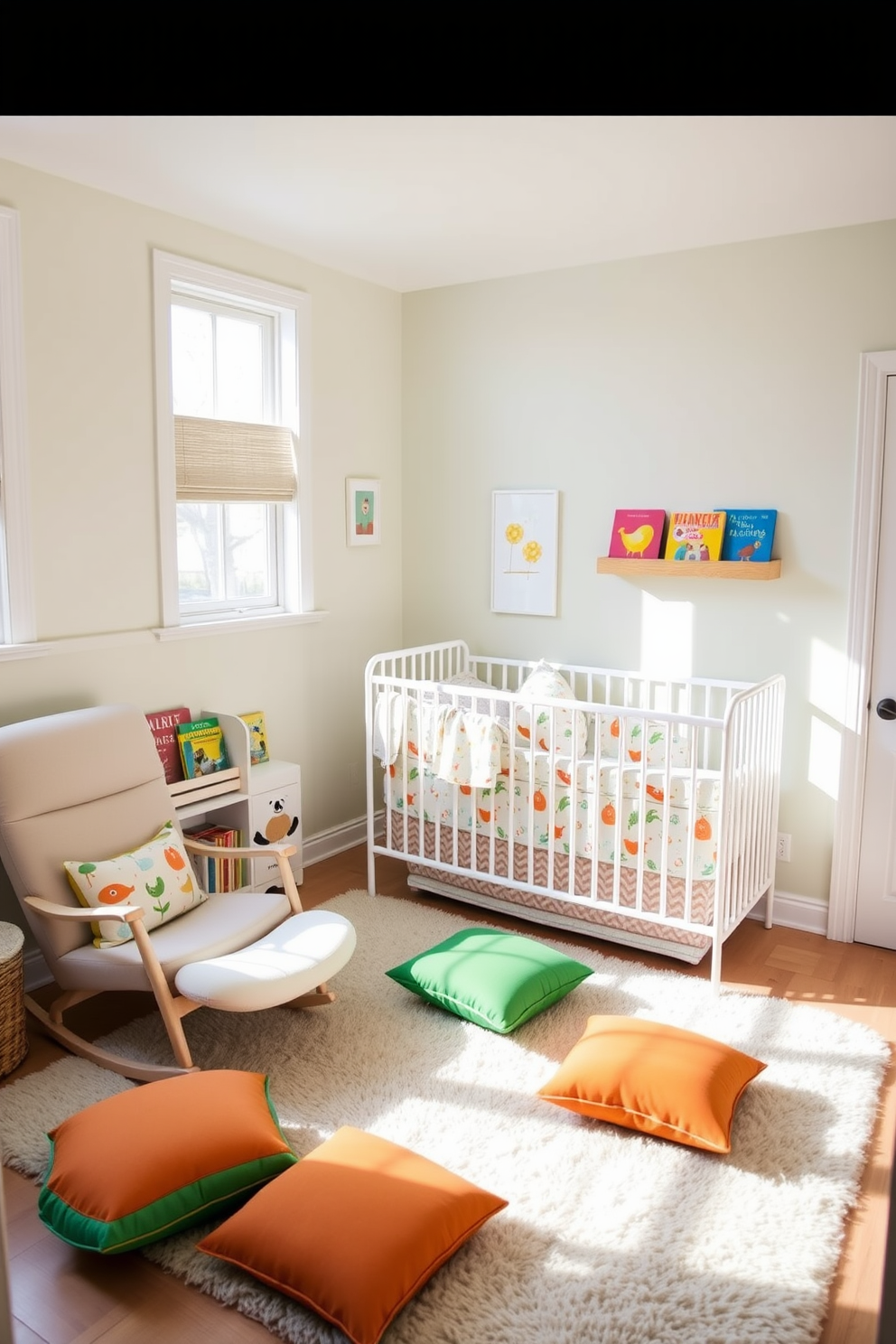 A bright and cheerful nursery filled with natural light. The walls are painted in a soft pastel hue, and a cozy crib is adorned with playful bedding featuring whimsical patterns. A comfortable rocking chair sits in the corner, surrounded by a small bookshelf filled with colorful children's books. Colorful cushions are scattered on a plush area rug, adding playful vibes and inviting little ones to sit and play.