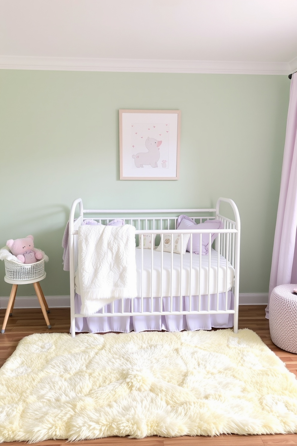 A serene nursery setting featuring soft pastel colors throughout the space. The walls are painted in a gentle mint green, complemented by light pink and lavender accents in the decor. A cozy crib is positioned against one wall, adorned with a fluffy white blanket and pastel-colored pillows. A plush area rug in soft yellow adds warmth to the floor, while whimsical artwork hangs above the crib to inspire creativity.