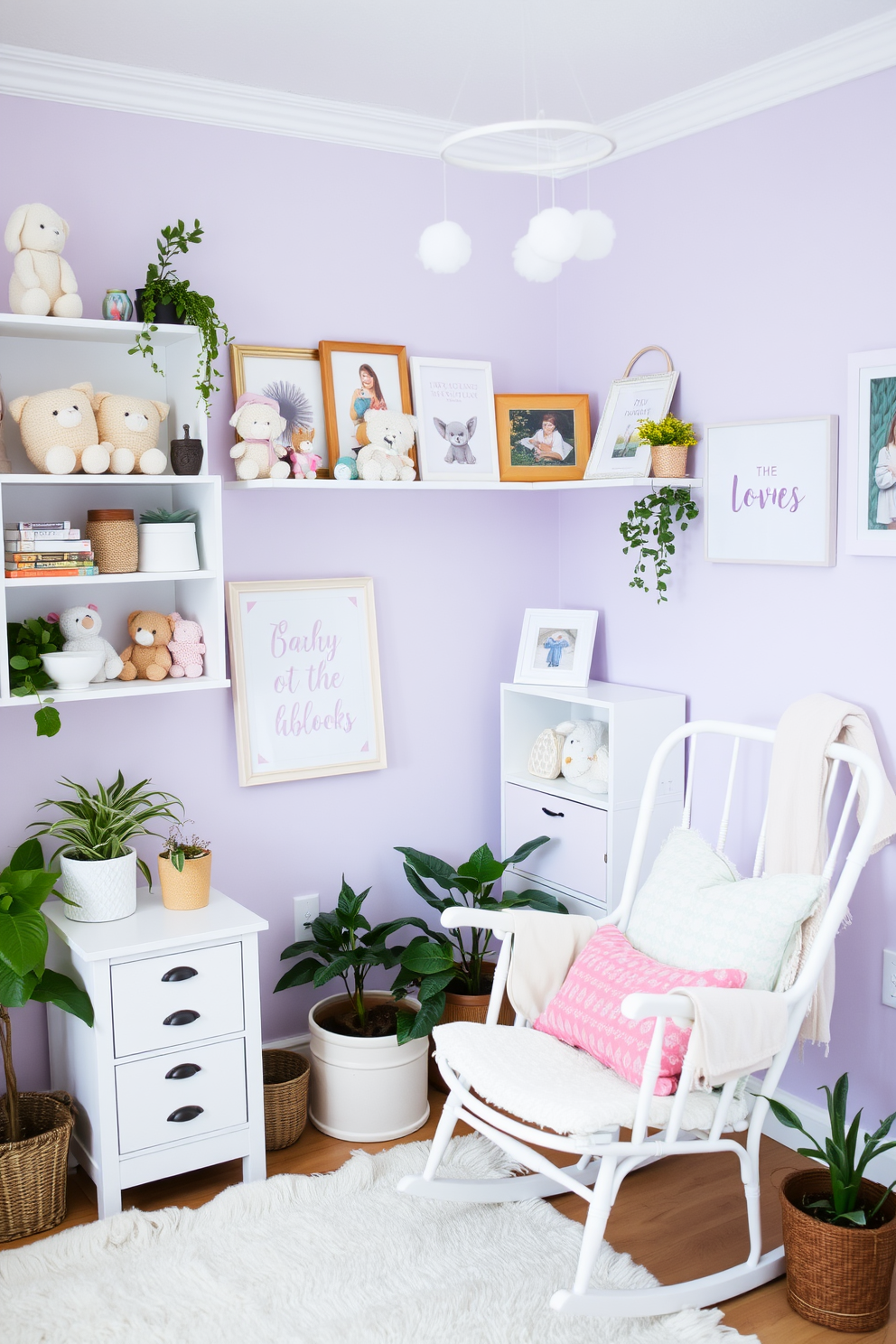 A charming spring nursery filled with soft pastel colors. Decorative shelving is adorned with plush toys, books, and framed artwork, creating a cozy and inviting atmosphere. The walls are painted in a light lavender hue, complemented by white furniture pieces. A comfortable rocking chair sits in the corner, surrounded by potted plants and a whimsical mobile hanging above.