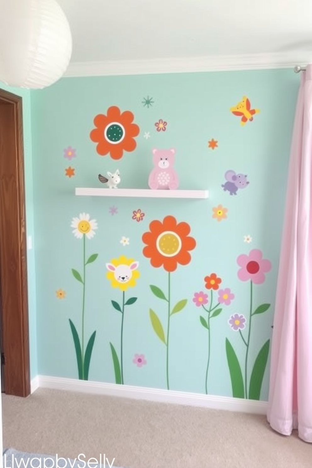 Create a feature wall adorned with playful decals depicting whimsical animals and vibrant flowers. The wall is painted in soft pastel colors to create a cheerful and inviting atmosphere for a spring nursery.