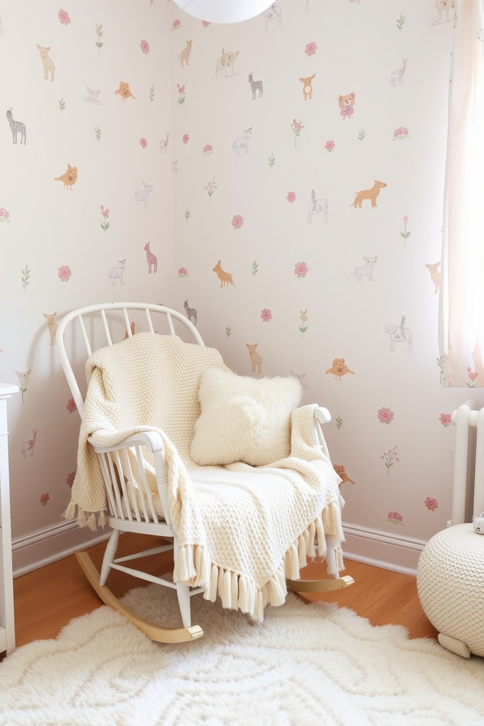 A charming nursery filled with soft pastel colors. A vintage rocking chair is placed in the corner, adorned with a cozy throw blanket and a plush cushion. The walls are decorated with whimsical animal prints and gentle floral patterns. A soft area rug lies on the floor, providing a comfortable space for play and relaxation.