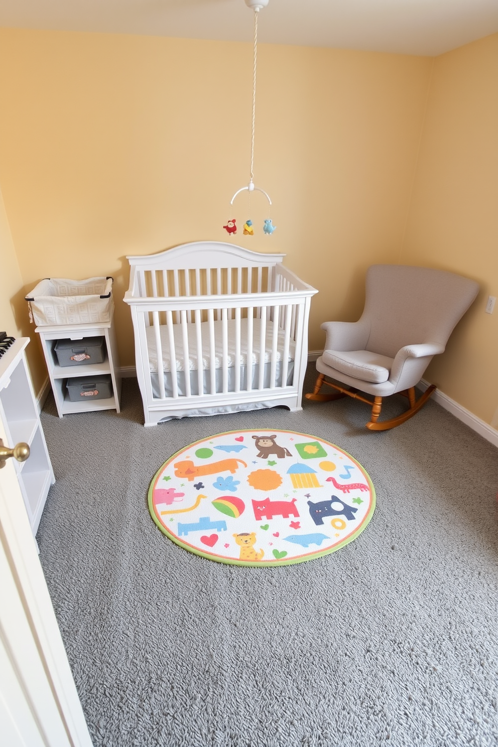 A cheerful nursery setting with soft pastel colors. The walls are painted in a light yellow hue, and the floor is covered with a plush gray carpet. In the center of the room, a colorful play mat featuring playful animal designs adds a fun element. A white crib with a whimsical mobile hangs above, while a cozy rocking chair sits in the corner for comfortable feeding times.