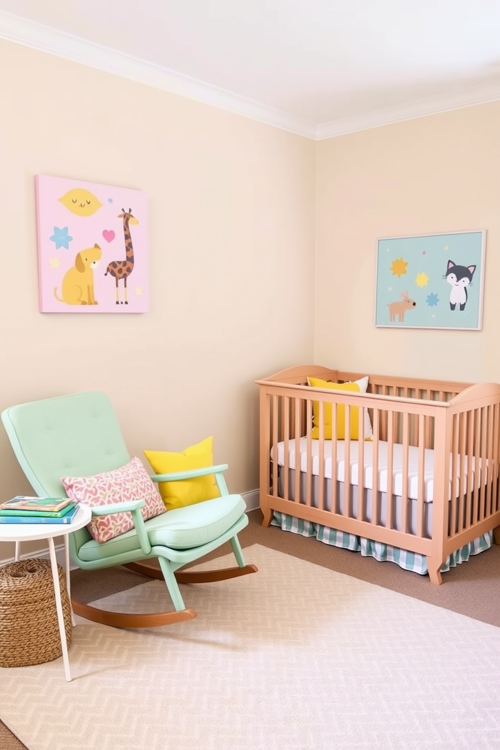 A serene nursery space with soft beige walls and a light wood crib positioned against one wall. Colorful accents in pastel shades are introduced through a patterned area rug and vibrant wall art featuring playful animals. A cozy rocking chair in a soft mint green sits in one corner, paired with a small side table holding a stack of children's books. Brightly colored cushions in shades of yellow and pink add comfort and cheer to the room.