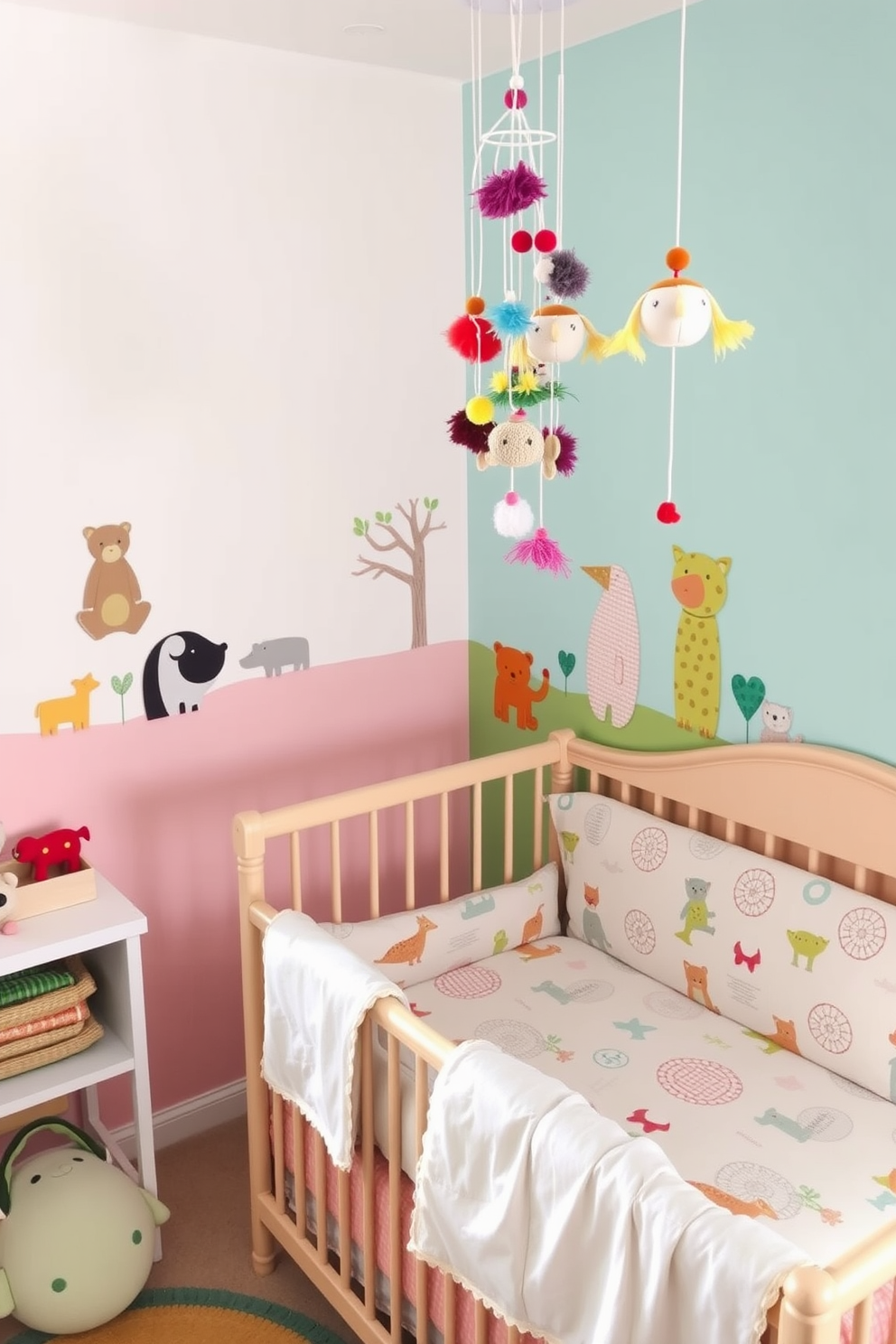 A bright and cheerful nursery filled with handmade crafts. The walls are adorned with soft pastel colors, and a whimsical mural of animals plays across one wall. A cozy crib is dressed in organic cotton bedding featuring hand-stitched patterns. Colorful handmade mobiles dangle from the ceiling, adding a playful touch to the space.