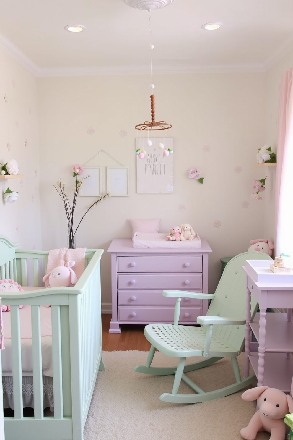 A charming spring nursery filled with pastel-colored furniture. The room features a soft mint green crib, a light pink rocking chair, and a lavender changing table, creating a serene and inviting atmosphere. Delicate floral accents adorn the walls, complemented by a whimsical mobile hanging above the crib. Plush toys in pastel hues are scattered throughout, adding warmth and a playful touch to the space.