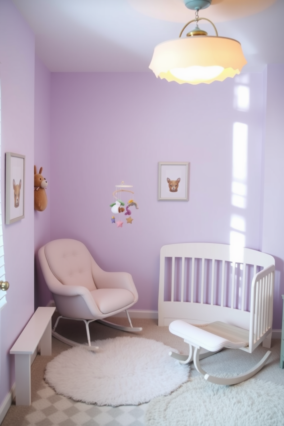 A serene nursery setting filled with soft pastel colors. The walls are painted in a gentle lavender hue, and a cozy crib with a plush mattress is positioned against one wall. A whimsical mobile hangs above the crib, featuring playful shapes and colors. A comfortable rocking chair is placed in the corner, accompanied by a small side table for nighttime feedings. A soft light fixture with a warm glow illuminates the room, creating a calming atmosphere. Adorable framed animal prints adorn the walls, adding a touch of charm to the space.