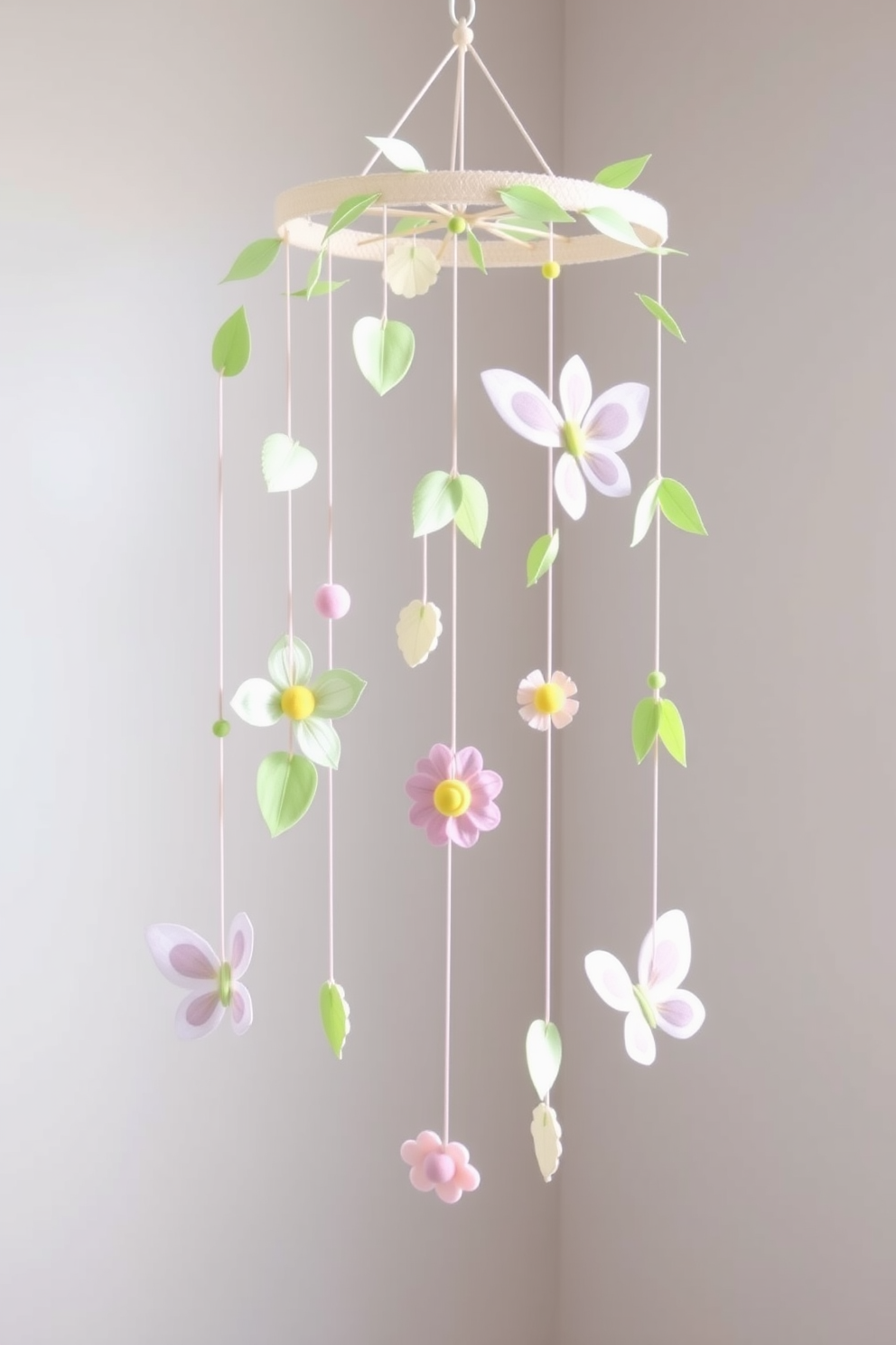 Create a whimsical nature-themed mobile that features hanging elements like leaves, flowers, and butterflies in soft pastel colors. The mobile should evoke a sense of tranquility and joy, perfect for a spring nursery setting.