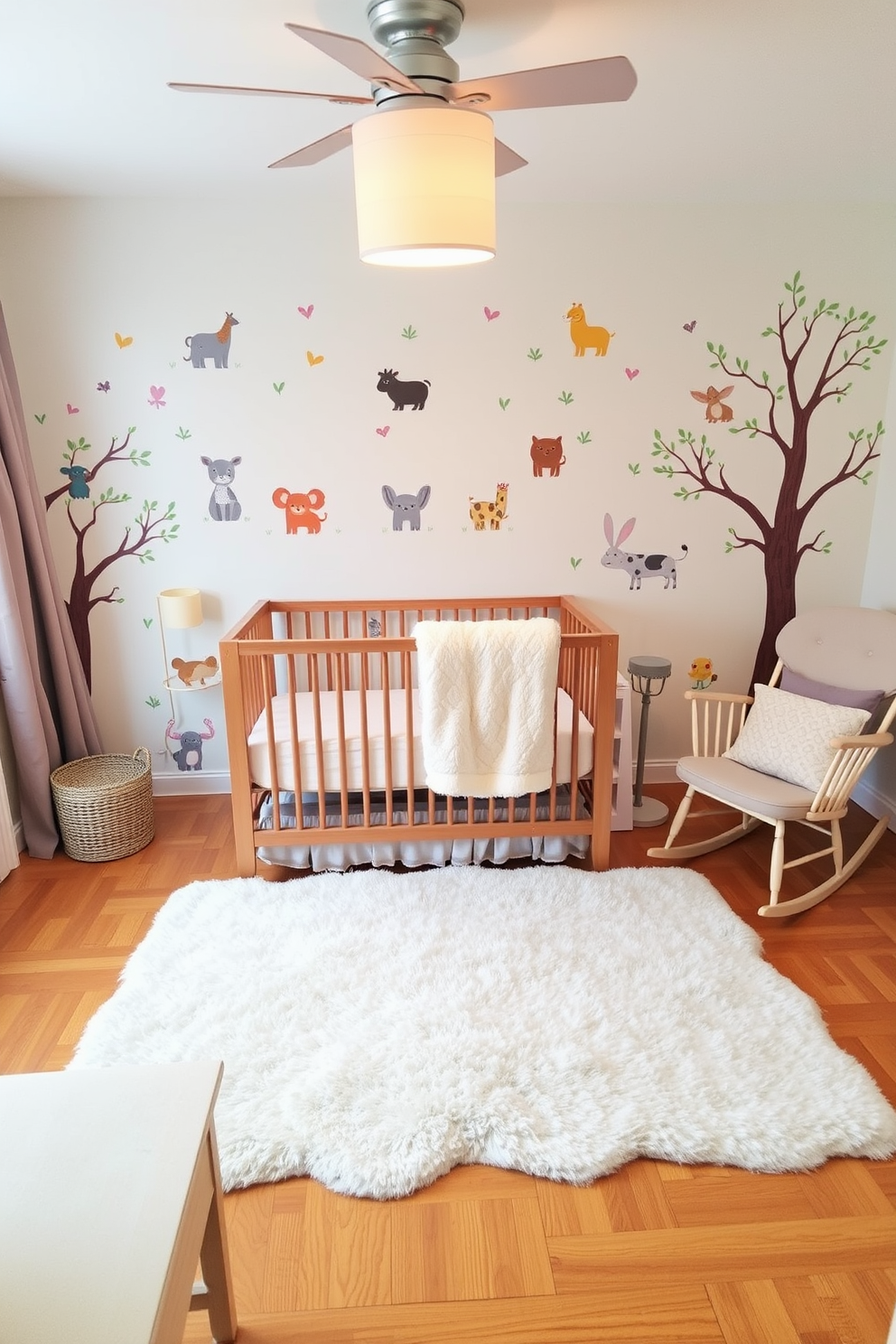 A bright and cheerful nursery featuring whimsical wall decals of animals and trees that bring the space to life. The room is painted in soft pastel colors, creating a calming atmosphere for both baby and parents. A cozy crib is adorned with a fluffy white blanket, and a plush rug adds warmth to the hardwood floor. A comfortable rocking chair sits in the corner, perfect for late-night feedings and soothing lullabies.