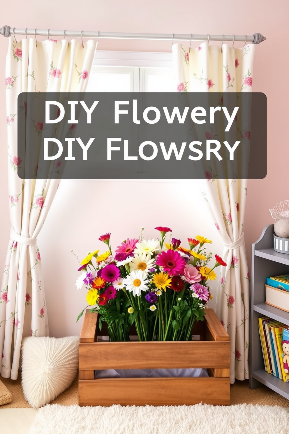 A charming DIY flower display centerpiece featuring an assortment of fresh spring blooms in a rustic wooden box. The arrangement includes peonies, tulips, and daisies, complemented by lush greenery and delicate fairy lights for a whimsical touch. A cozy spring nursery decorated with pastel colors and playful patterns. Soft plush toys are scattered around, and a gentle mobile hangs above the crib, creating a serene and inviting atmosphere for the little one.