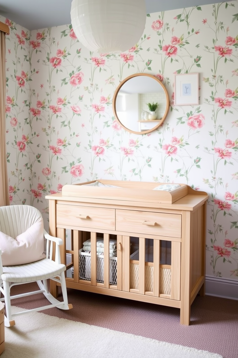 A stylish nursery designed for spring features a changing table made of light wood with soft pastel accents. The walls are adorned with playful floral wallpaper, and a cozy rocking chair sits nearby, creating a serene and inviting atmosphere.