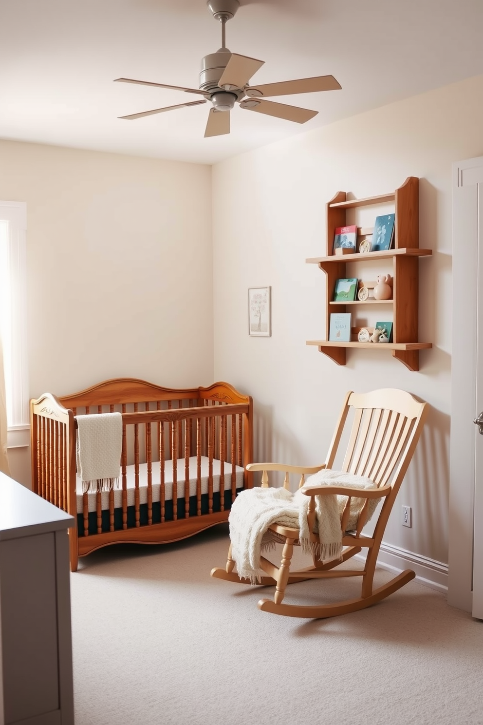 A serene nursery filled with natural light. The walls are painted in a soft pastel hue, and a wooden crib with intricate details sits against one wall. A cozy rocking chair made of light wood is positioned near the crib, accompanied by a plush throw blanket. Decorative wooden shelves display colorful books and toys, adding warmth and charm to the space.