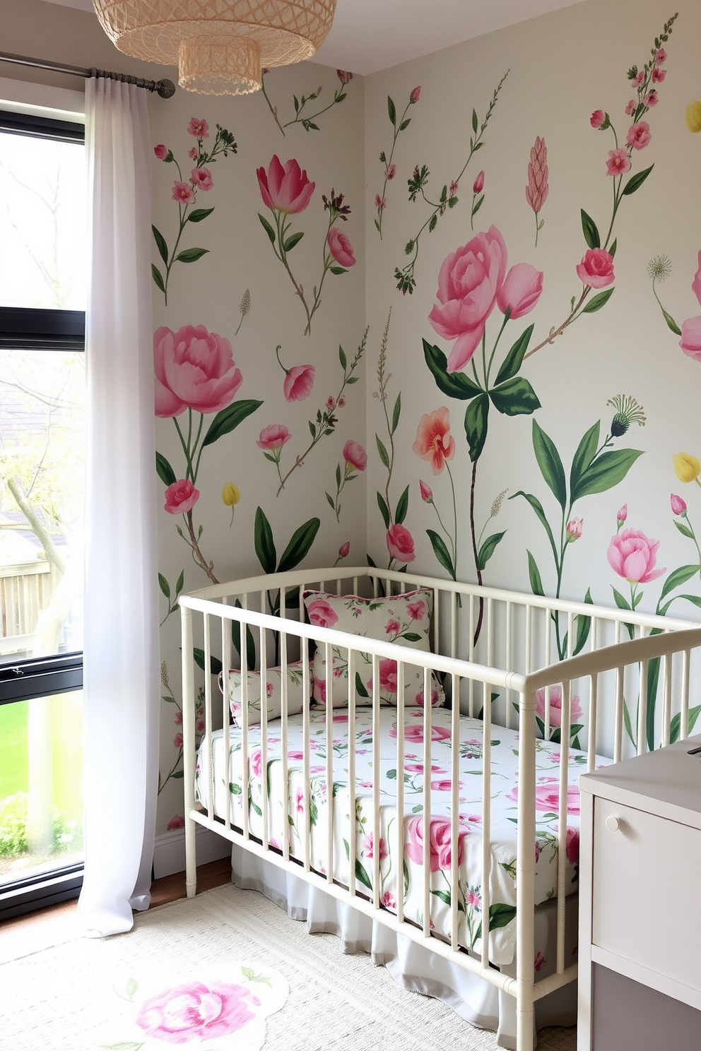 A charming nursery setting featuring floral patterned crib bedding sets. The walls are painted in soft pastel colors, and a cozy rocking chair is positioned nearby, adorned with plush cushions.